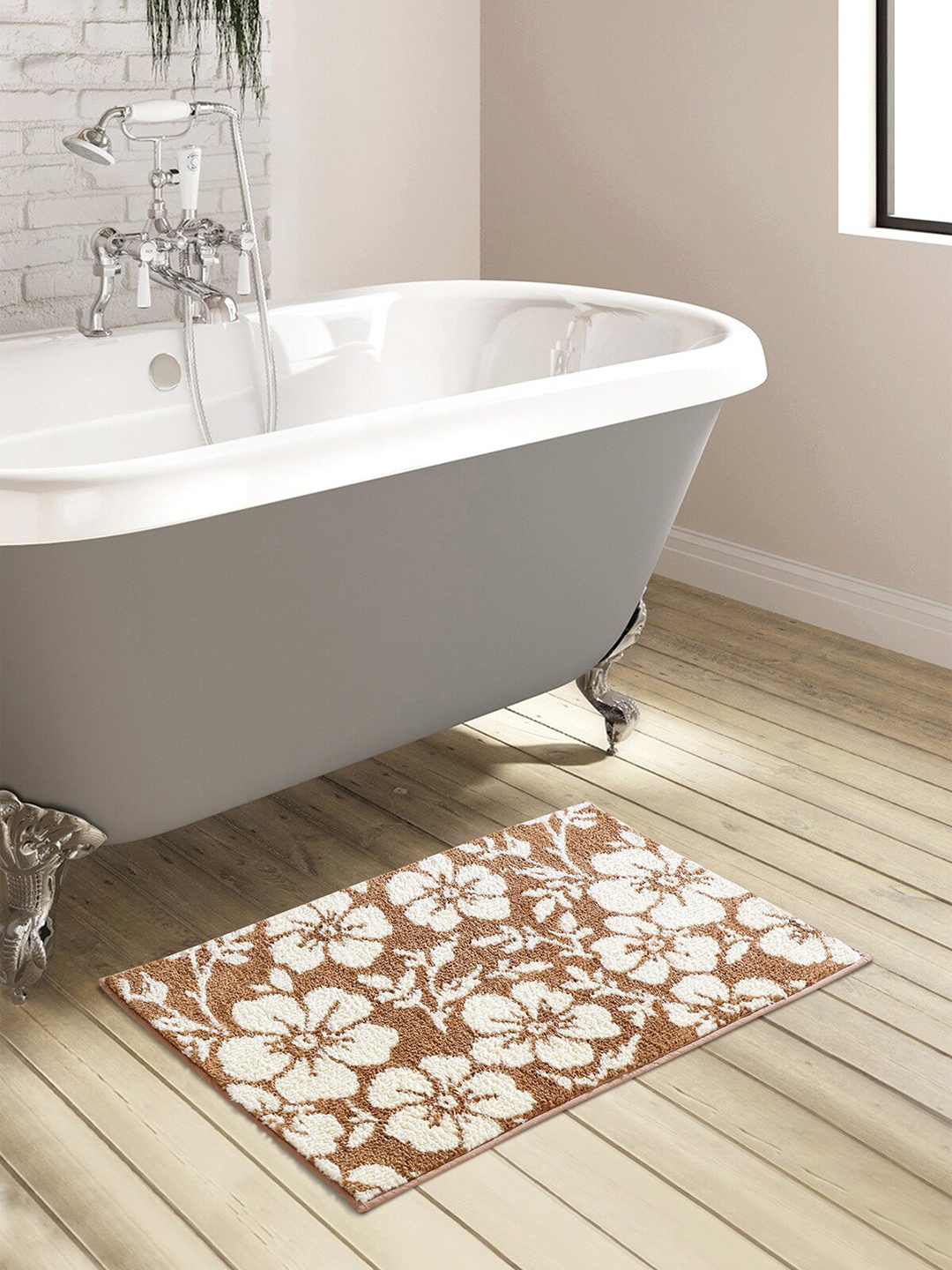 

OBSESSIONS Camel Brown & White Floral Anti-Skid 1800GSM Bath Rug