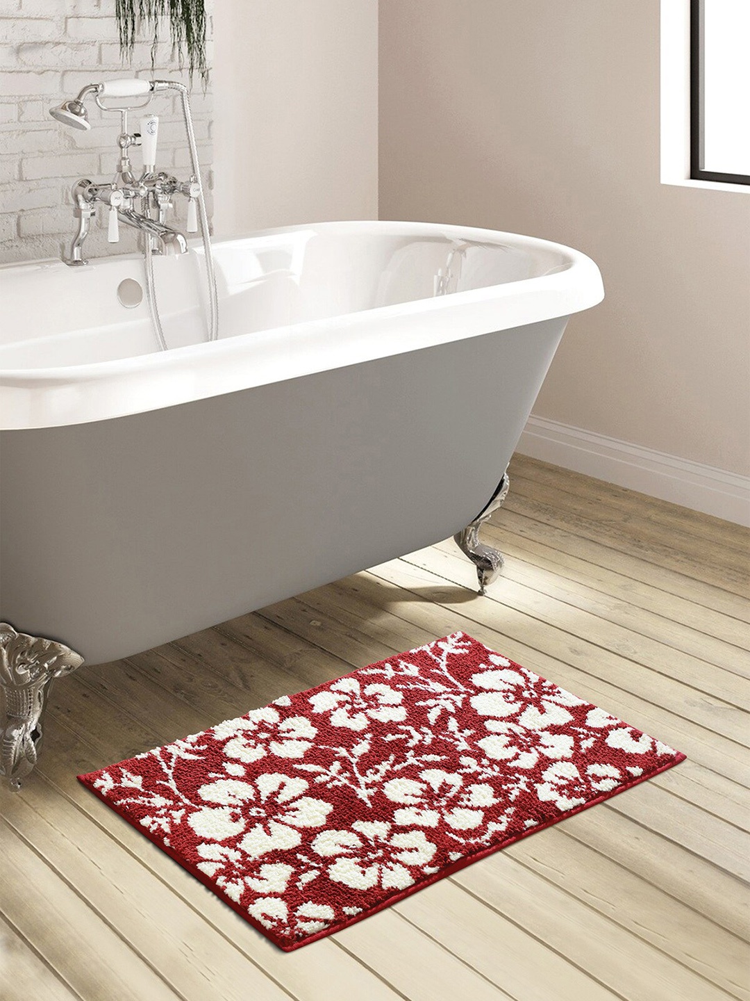 

OBSESSIONS Red Floral Printed Anti-Skid 1800GSM Bath Rugs