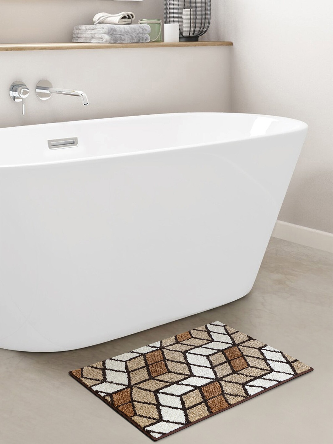

OBSESSIONS Beige Colored & White Geometric 1800 GSM Anti-Skid Bath Mat