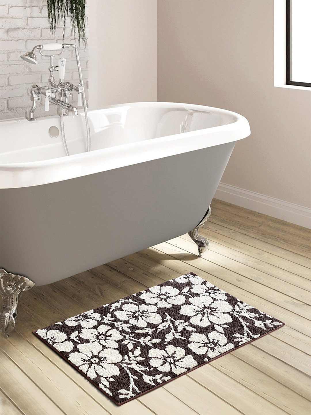 

OBSESSIONS Brown & Off White Floral Anti-Skid 1800GSM Bath Rug