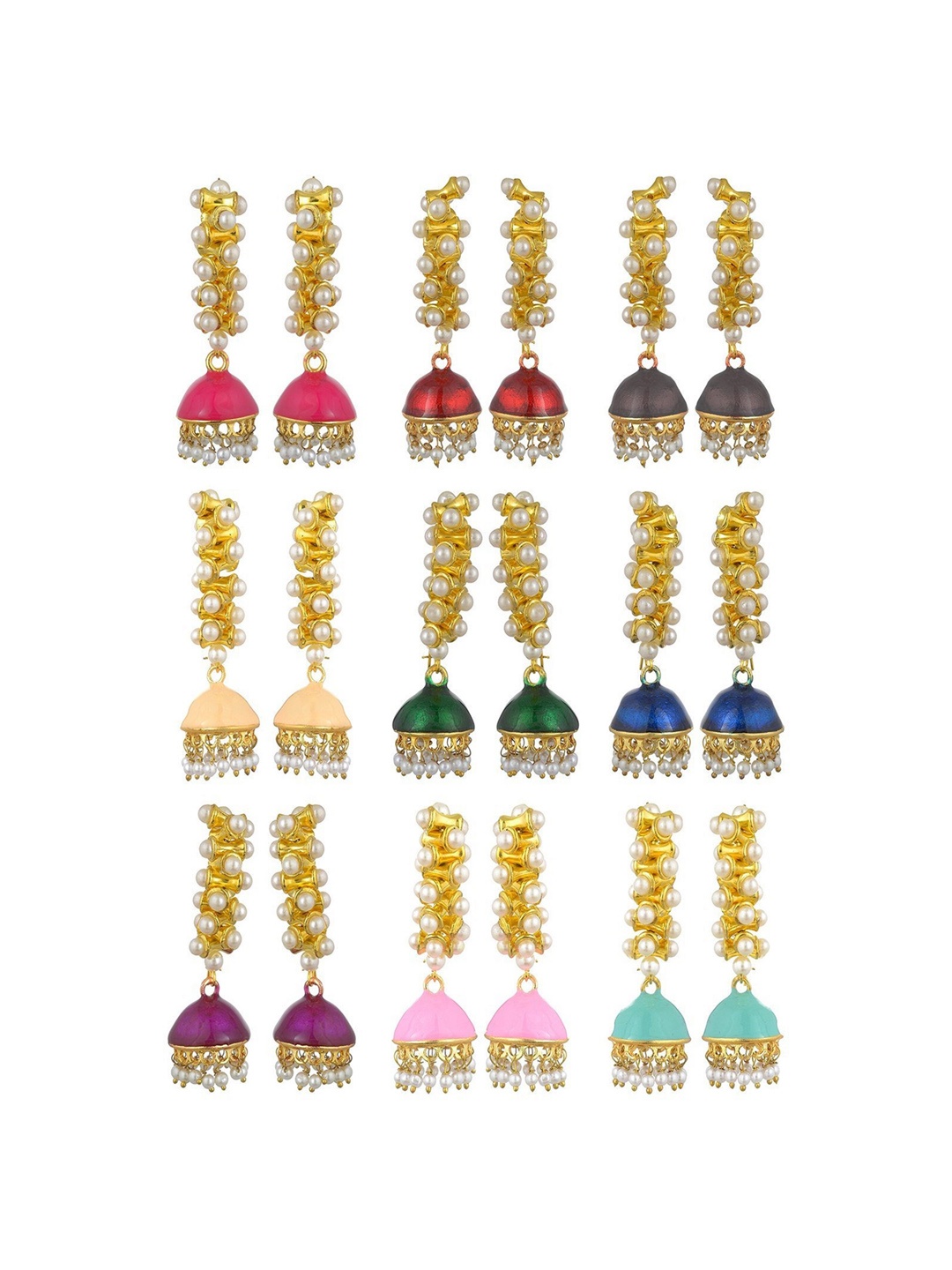 

Kshitij Jewels Pack Of 9 Gold-Plated Multicoloured Contemporary Jhumkas Earrings, Multi
