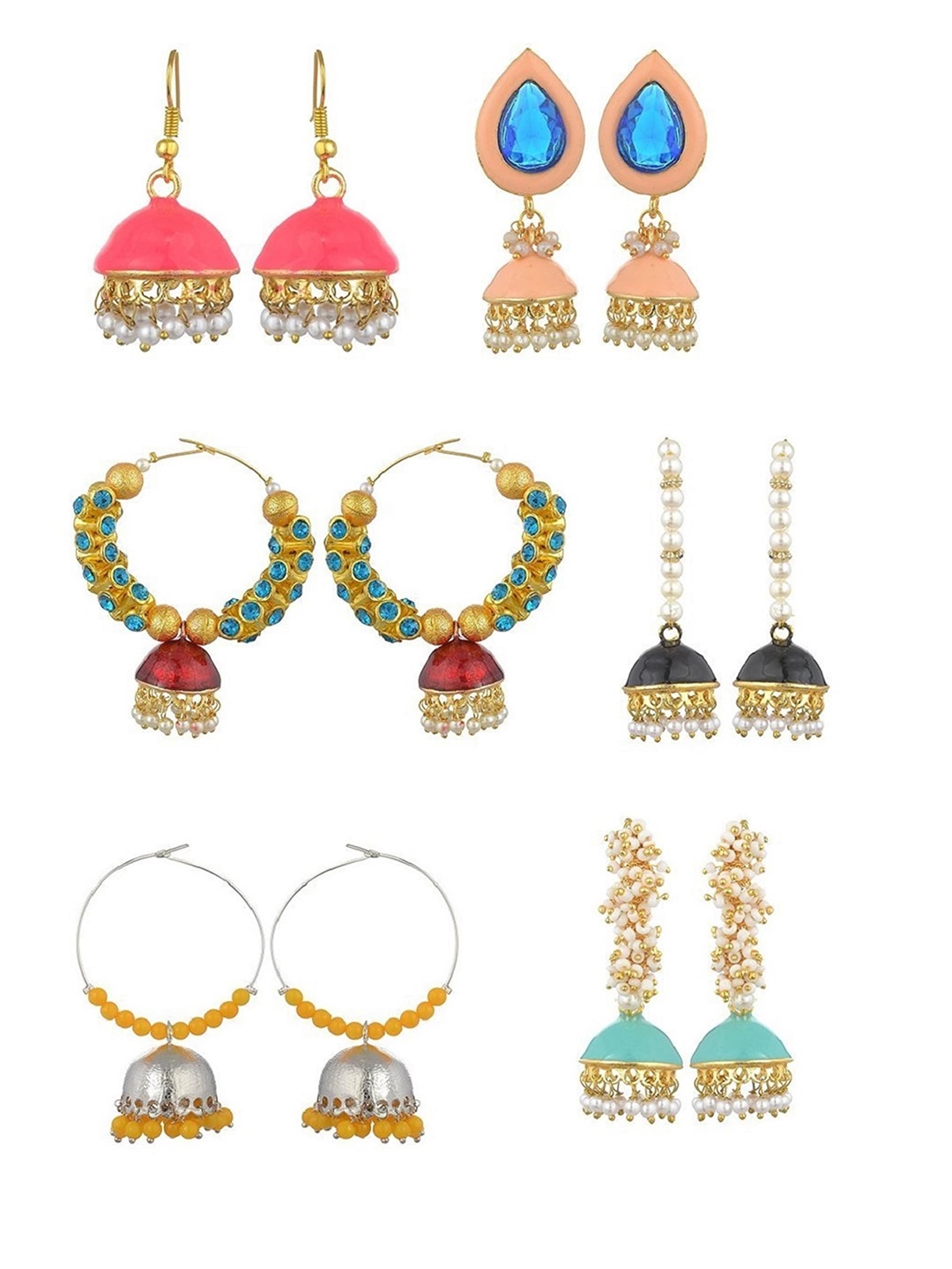 

Kshitij Jewels Pack of 6 Gold-Toned & Peach-Coloured Contemporary Jhumkas Earrings