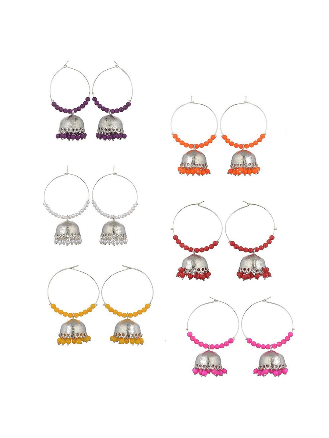 

Kshitij Jewels Pair Of 6 Pink & Red Contemporary Silver-Plated Hoop Earrings