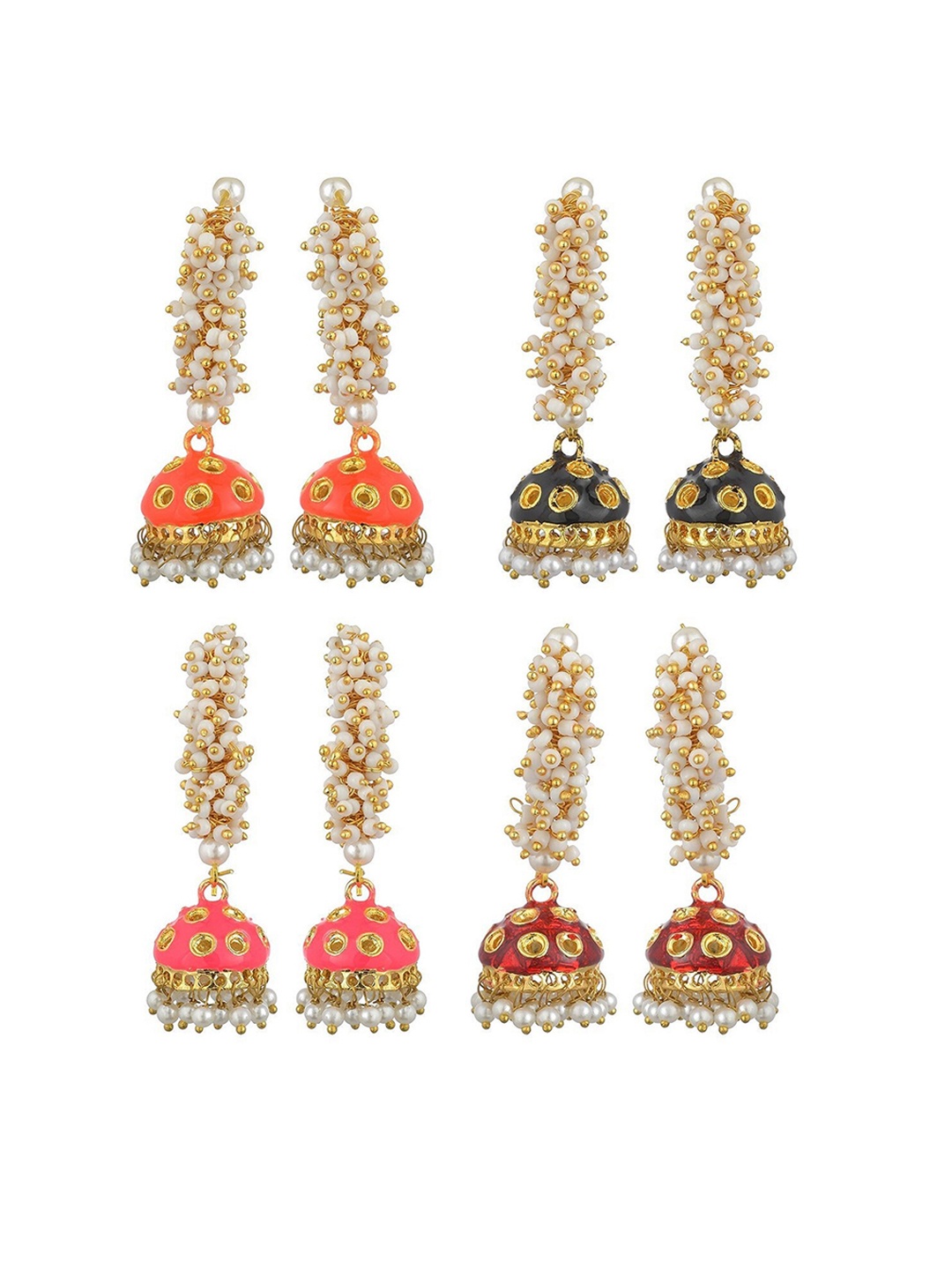 

Kshitij Jewels Pack of 4 Pink & Red Dome Shaped Jhumkas Earrings