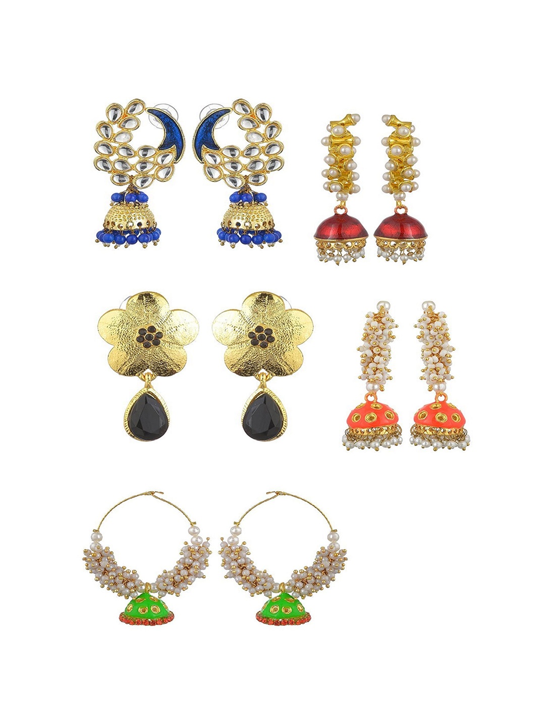 

Kshitij Jewels Set Of 5 Multicoloured & Gold Plated Contemporary Jhumkas Earrings, Multi