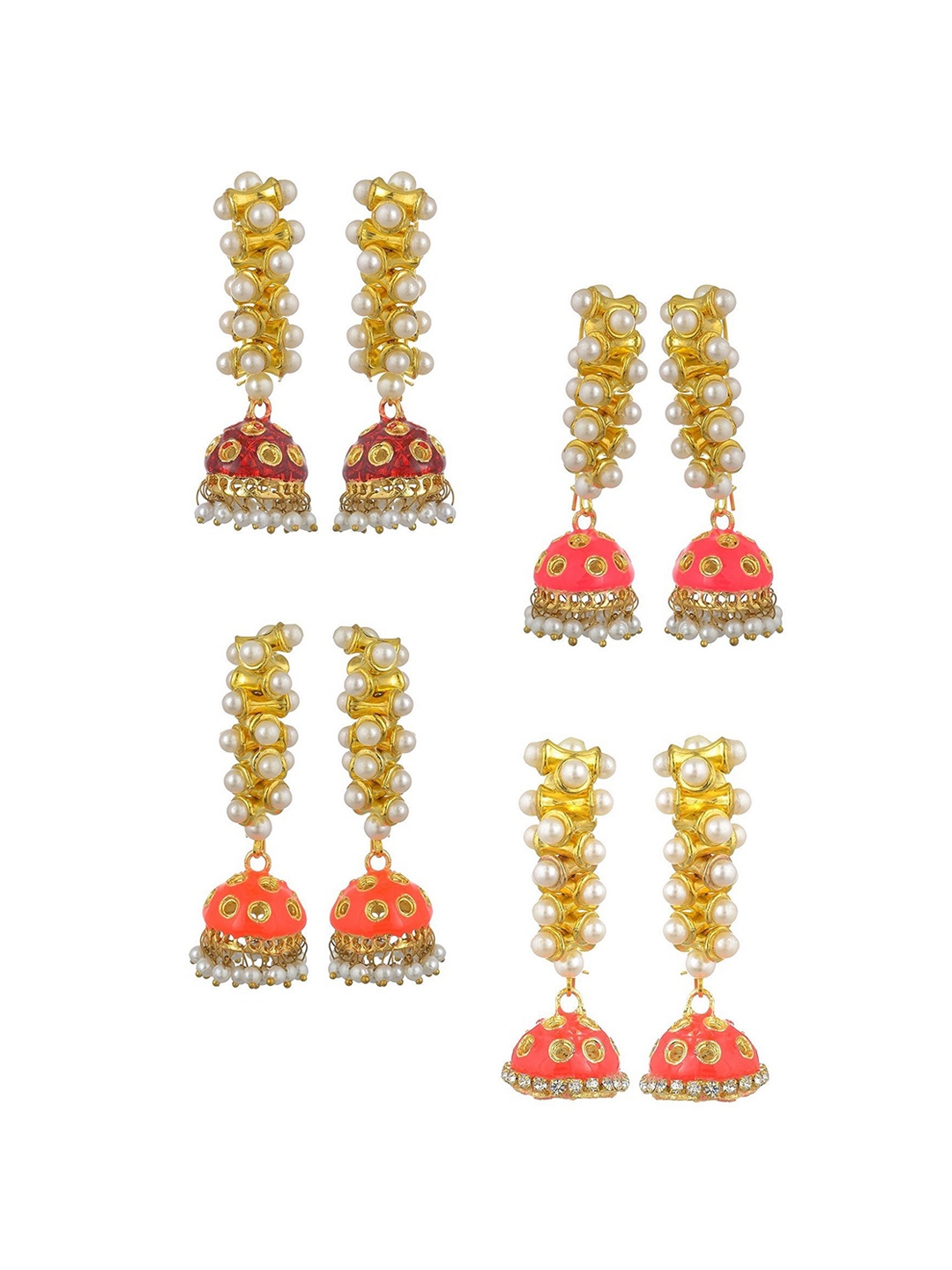 

Kshitij Jewels Pack of 4 Pink & Red Dome Shaped Jhumkas Earrings