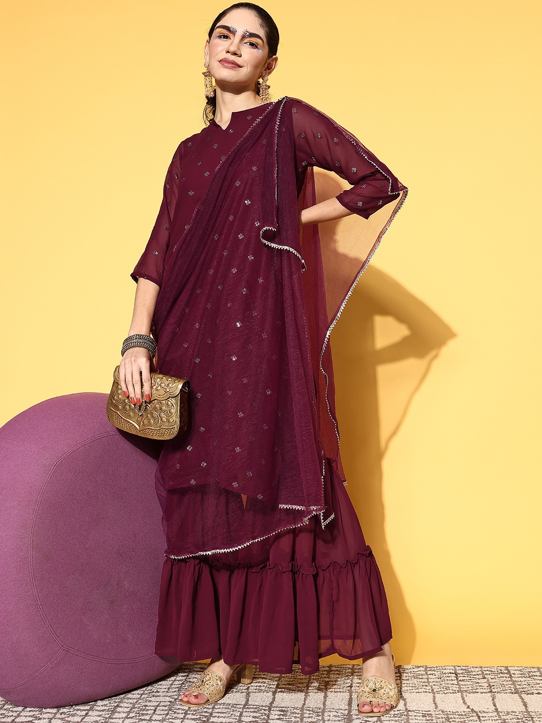 

Tikhi Imli Women Burgundy Poly Georgette Ethereal Embroidery Kurta Set