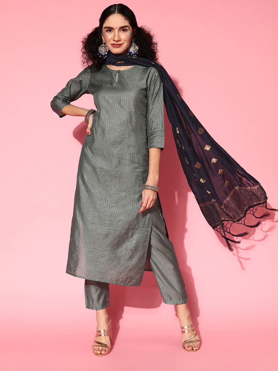 

Tikhi Imli Women Grey Poly Chanderi Ethereal Embroidery Kurta Set