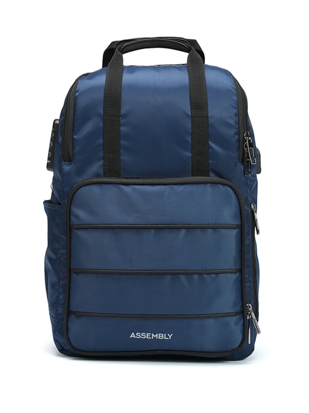 

Assembly Unisex Blue Striped Backpack with USB Charging Port