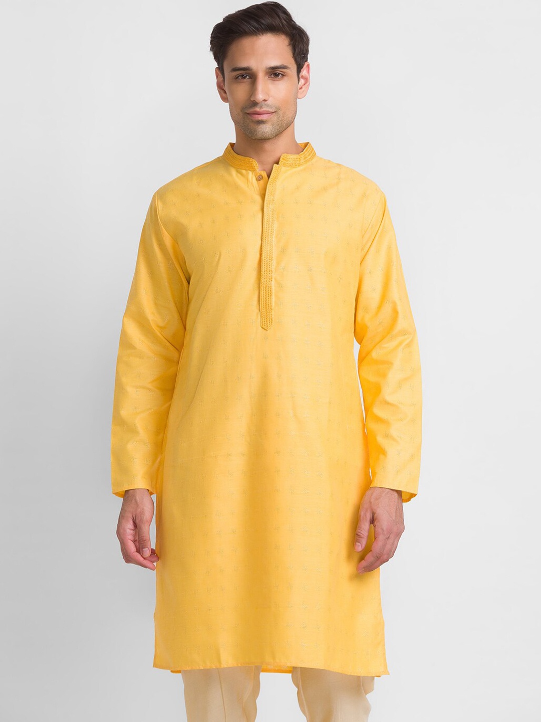 

Globus Men Mustard Yellow Woven Design Dobby Kurta