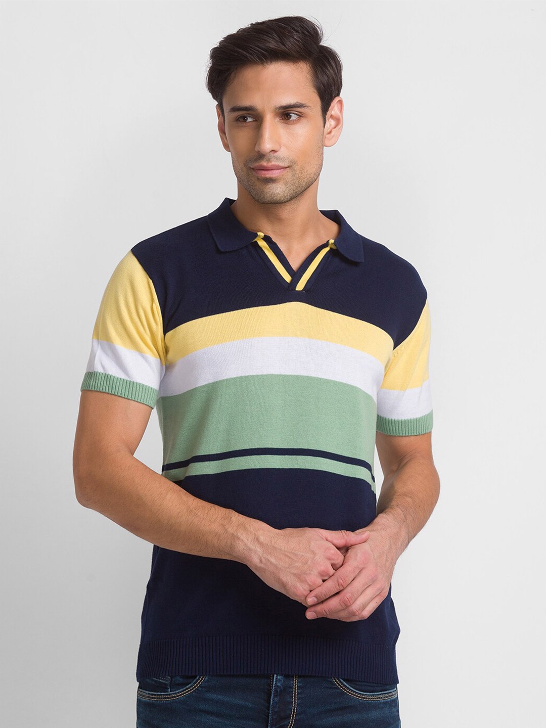 

Globus Men Green & Blue Striped Polo Collar T-shirt
