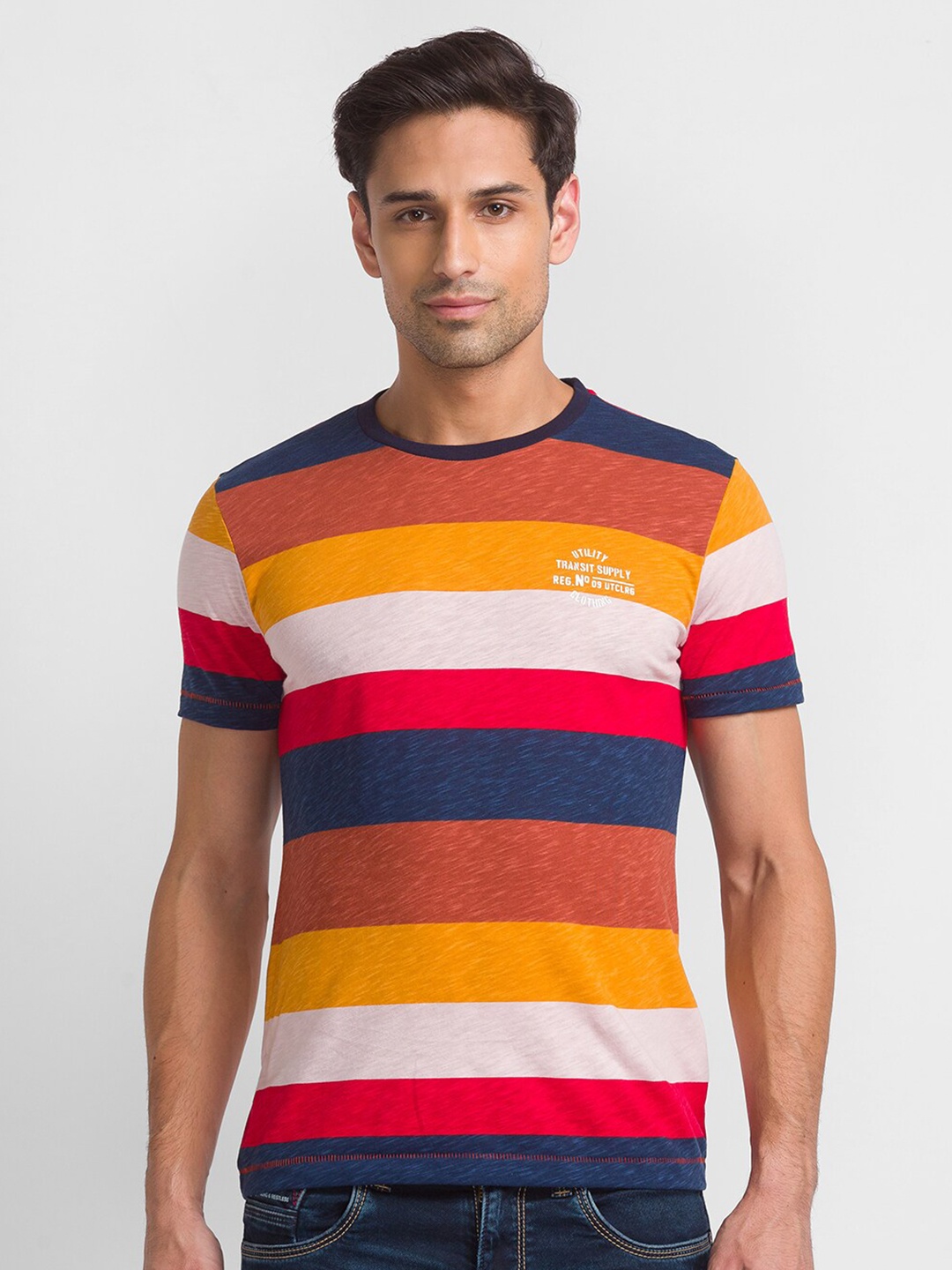 

Globus Men Mustard Yellow Striped Slim Fit T-shirt