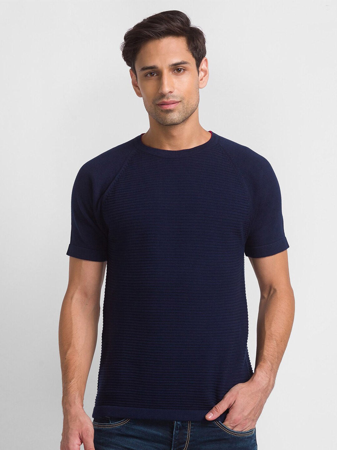 

Globus Men Navy Blue Self Design T-shirt