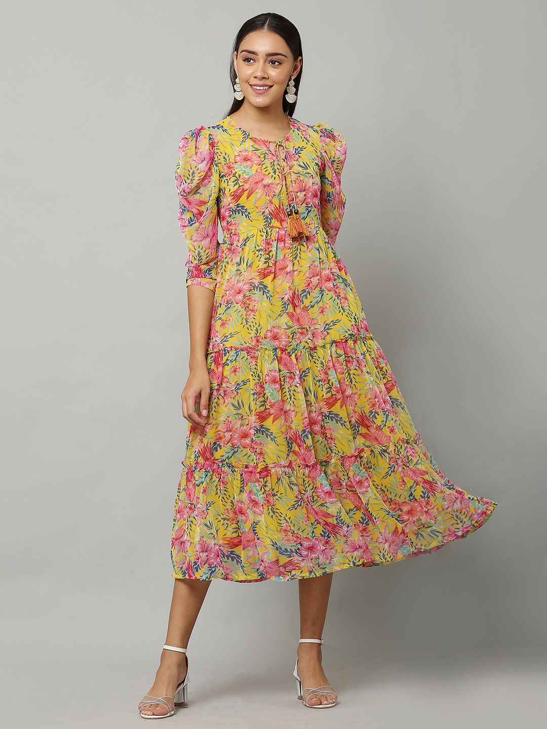 

BOOI Women Multicolored Floral Tie-Up Neck Tiered Chiffon Maxi Dress, Multi