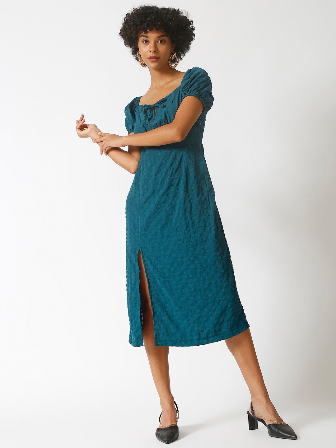 

Campus Sutra Blue Crepe A-Line Midi Dress