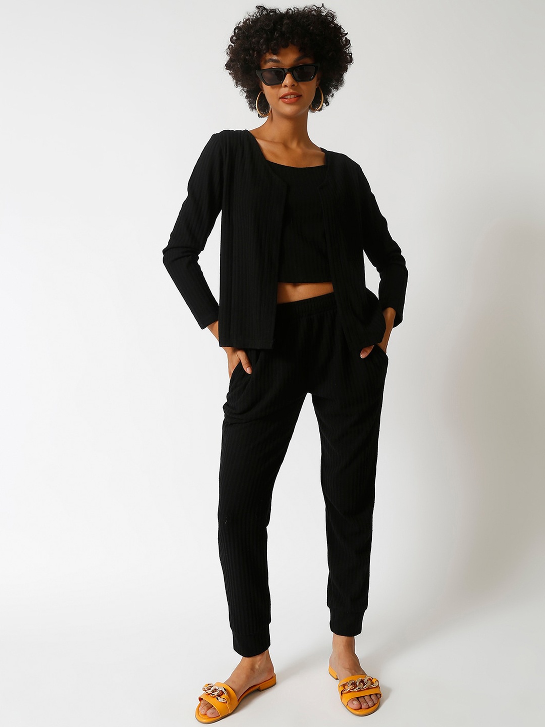 

Campus Sutra Women Black Solid 3-Piece Co-Ords Set