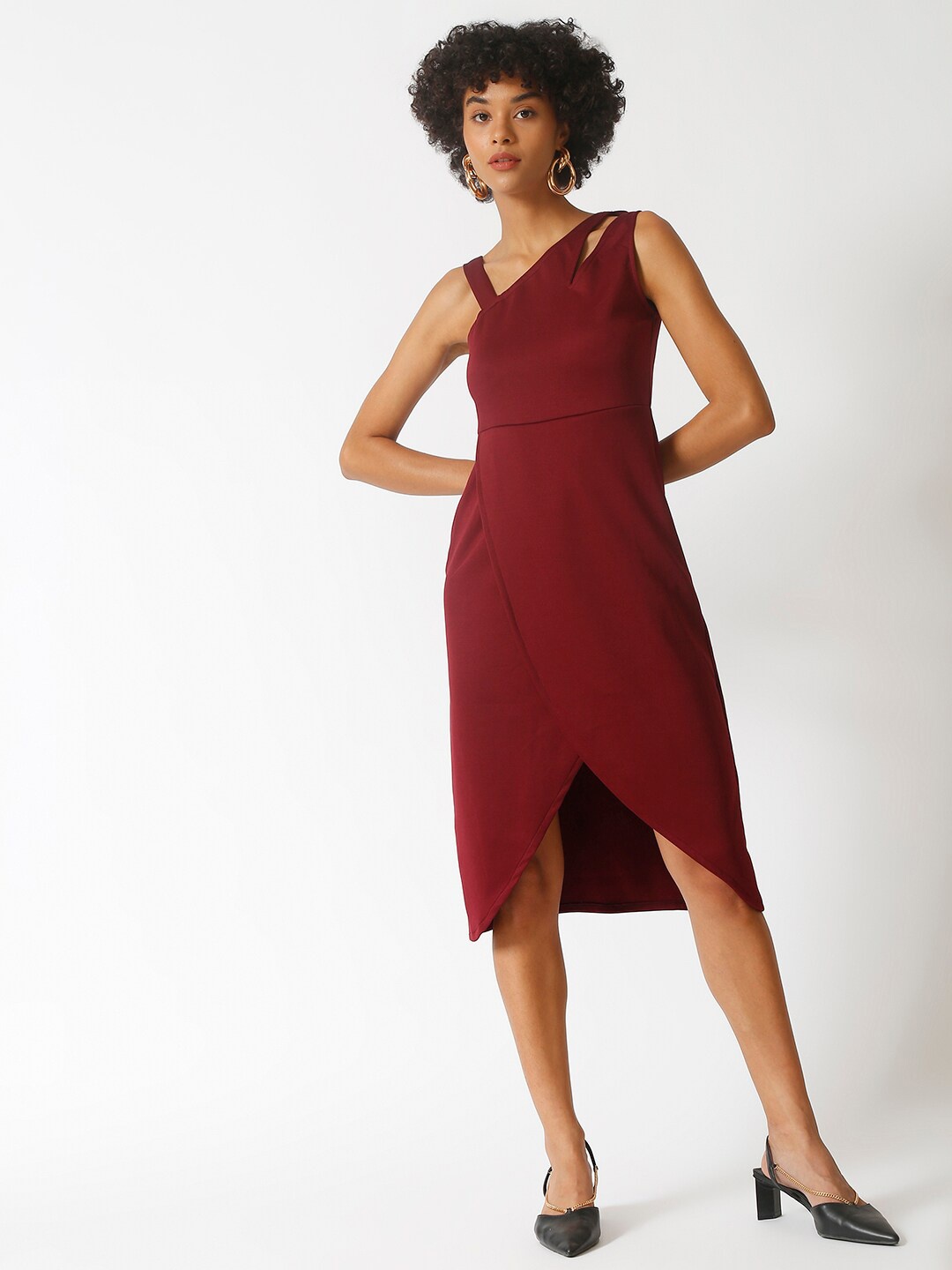 

Campus Sutra Women Maroon One Shoulder Scuba Sheath Knee Length Casual Dress