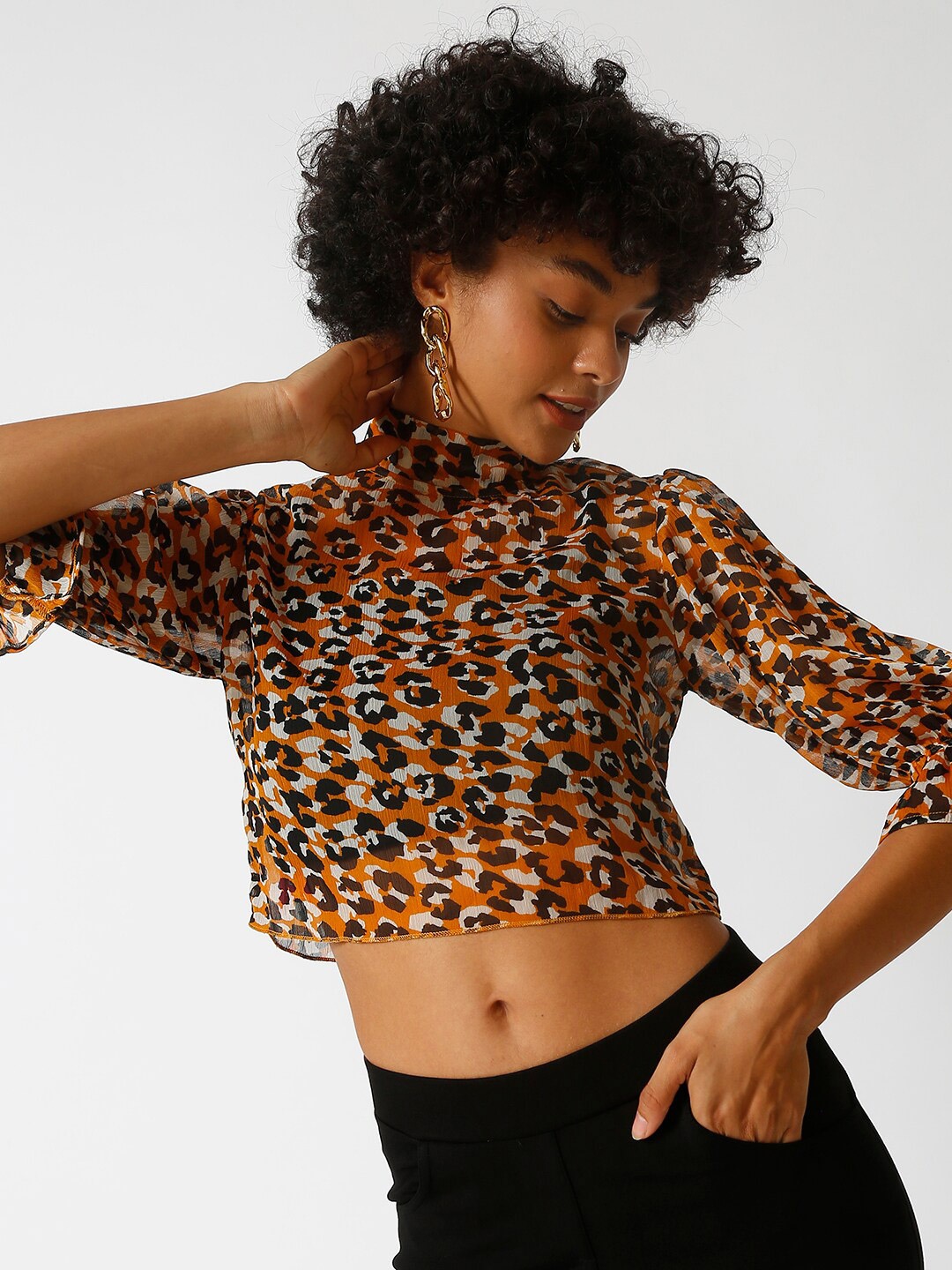 

Campus Sutra Women Orange & Black Animal Print Crepe Crop Top