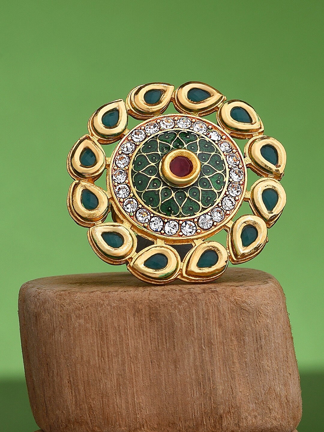 

Zaveri Pearls Gold-Plated Green & White Kundan Studded Meenakari Adjustable Finger Ring
