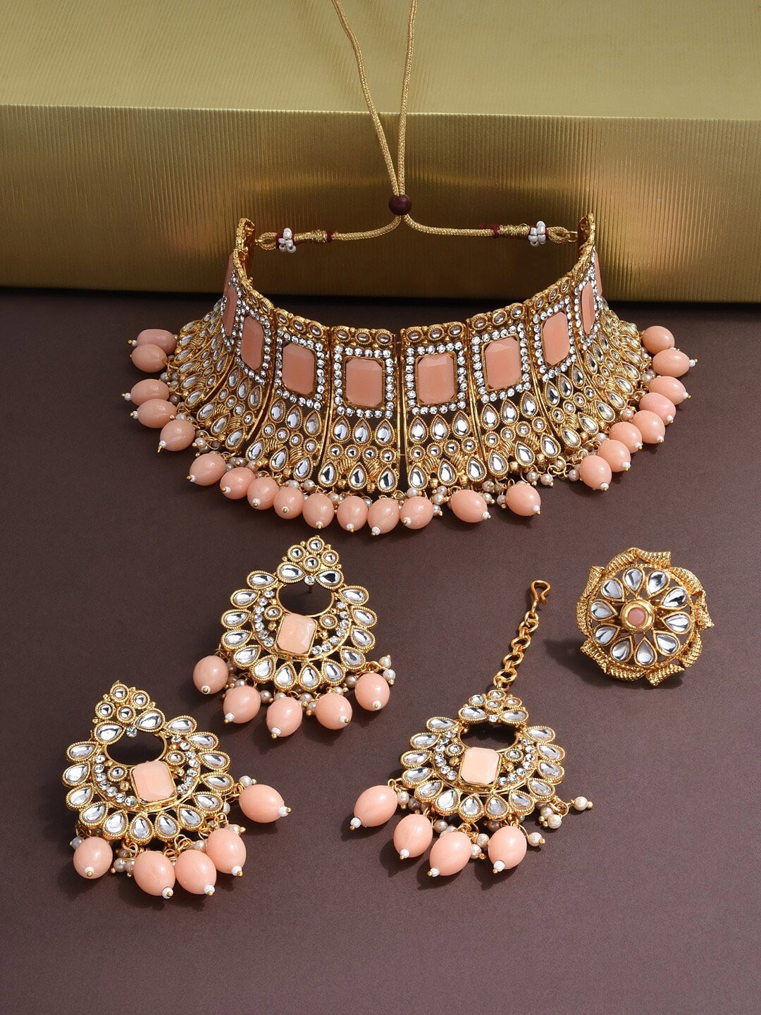 

Zaveri Pearls Gold-Plated Stone-Studded & Beaded Jewellery Set, Peach