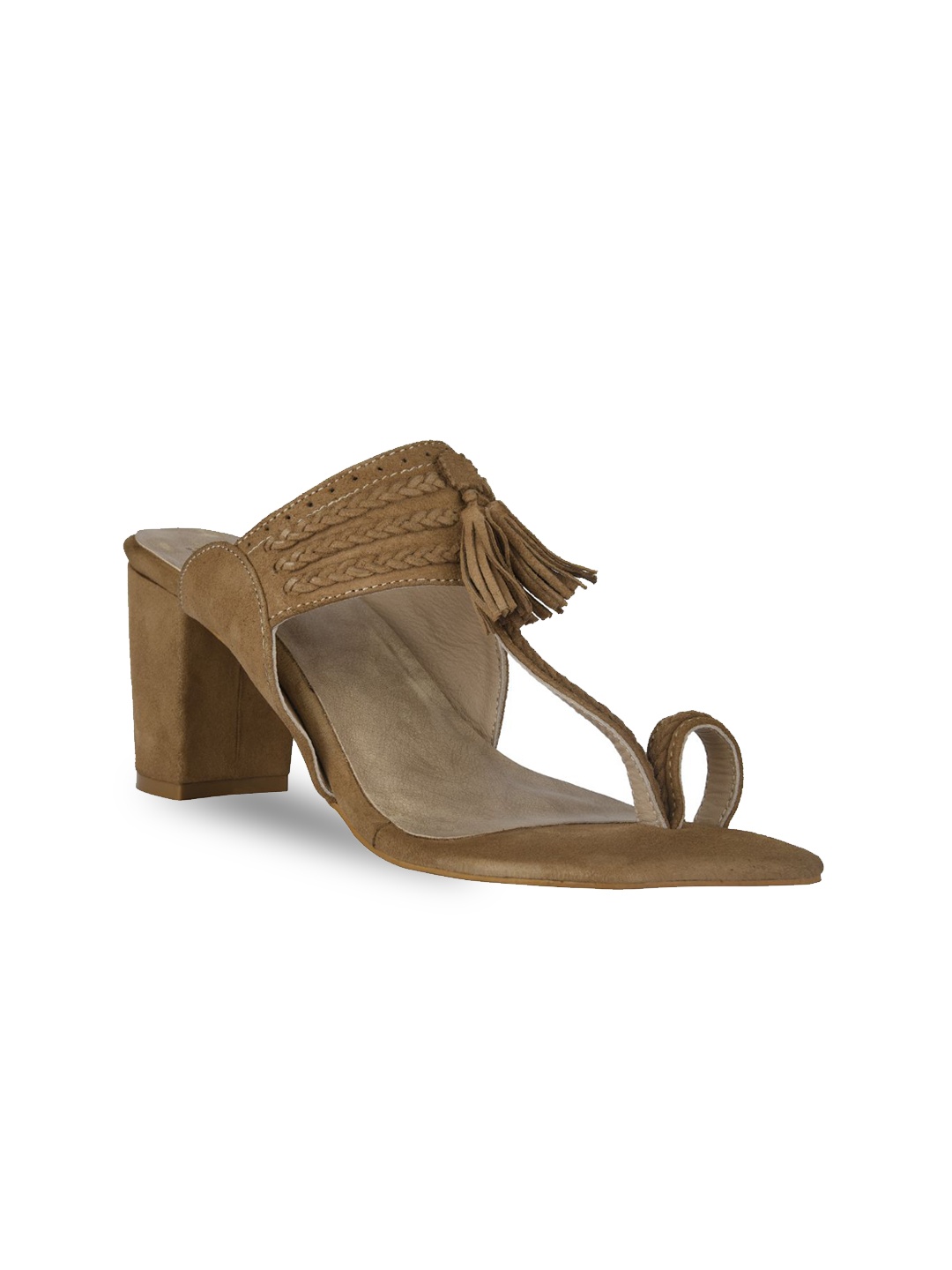 

SKO Brown Leather Ethnic Block Heels with Tassels