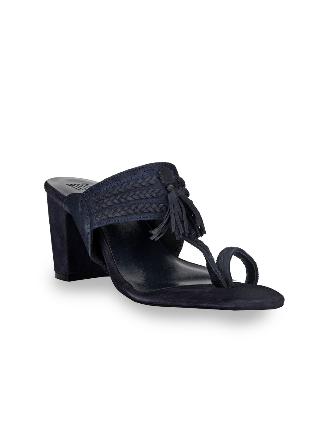 

SKO Navy Blue & Black Leather Block Sandals with Tassels