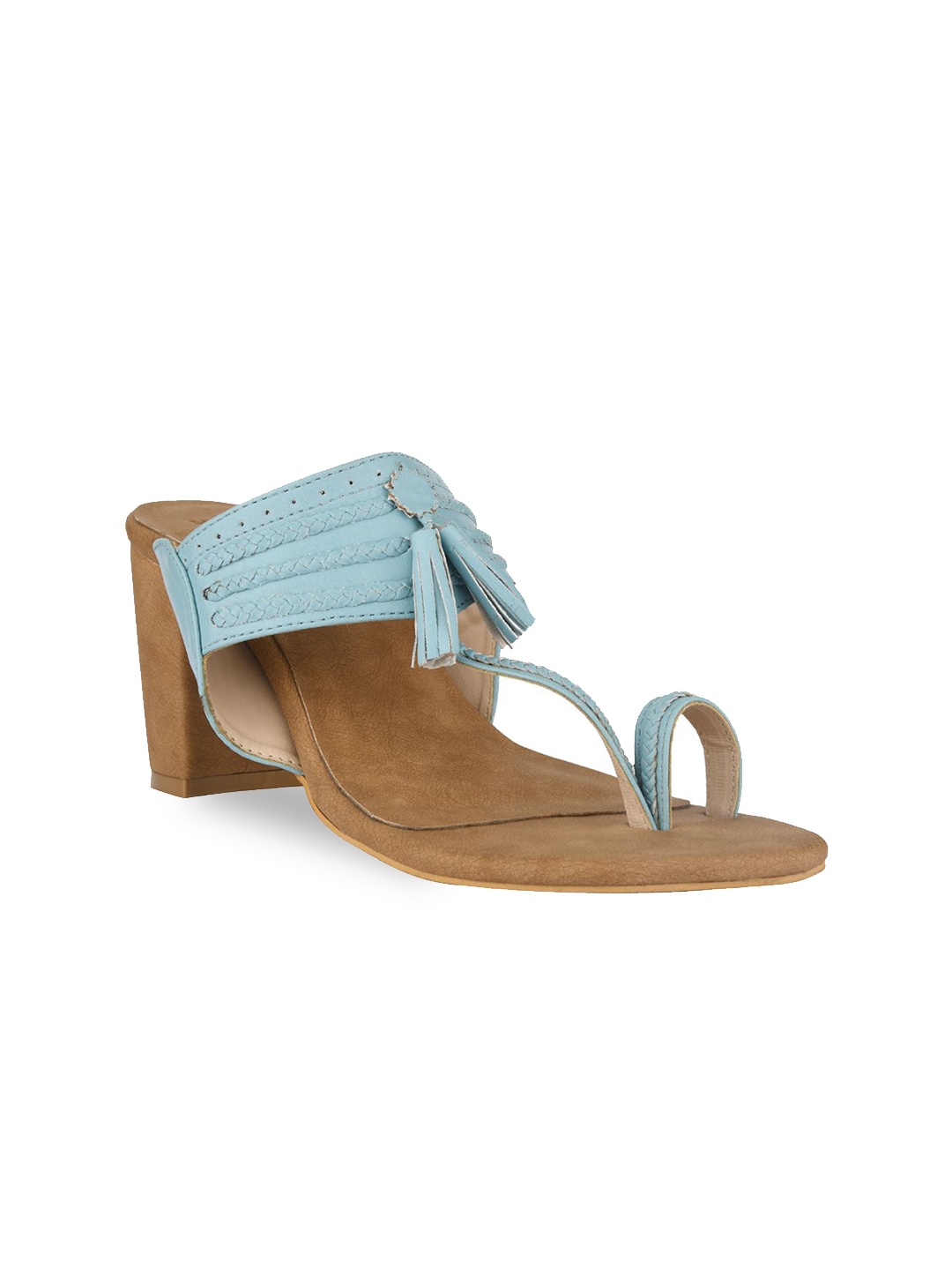 

SKO Women Blue Leather Ethnic Block Sandals with Tassels