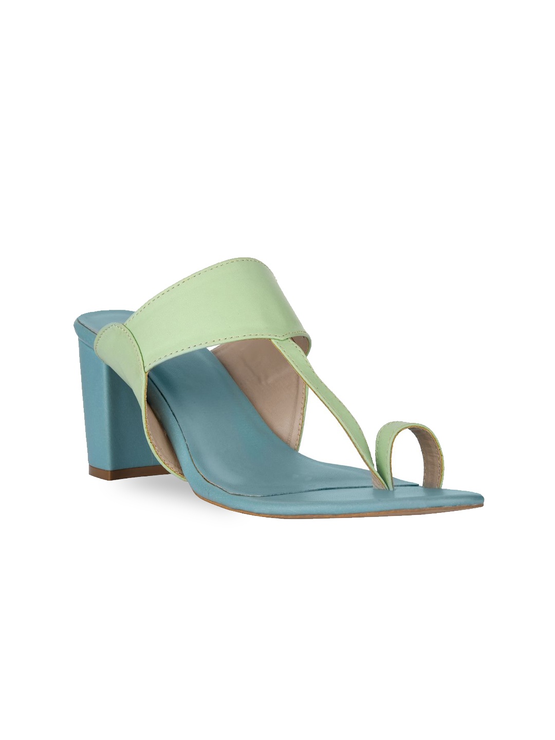 

SKO Women Lime Green & Blue Leather Ethnic Block Sandals