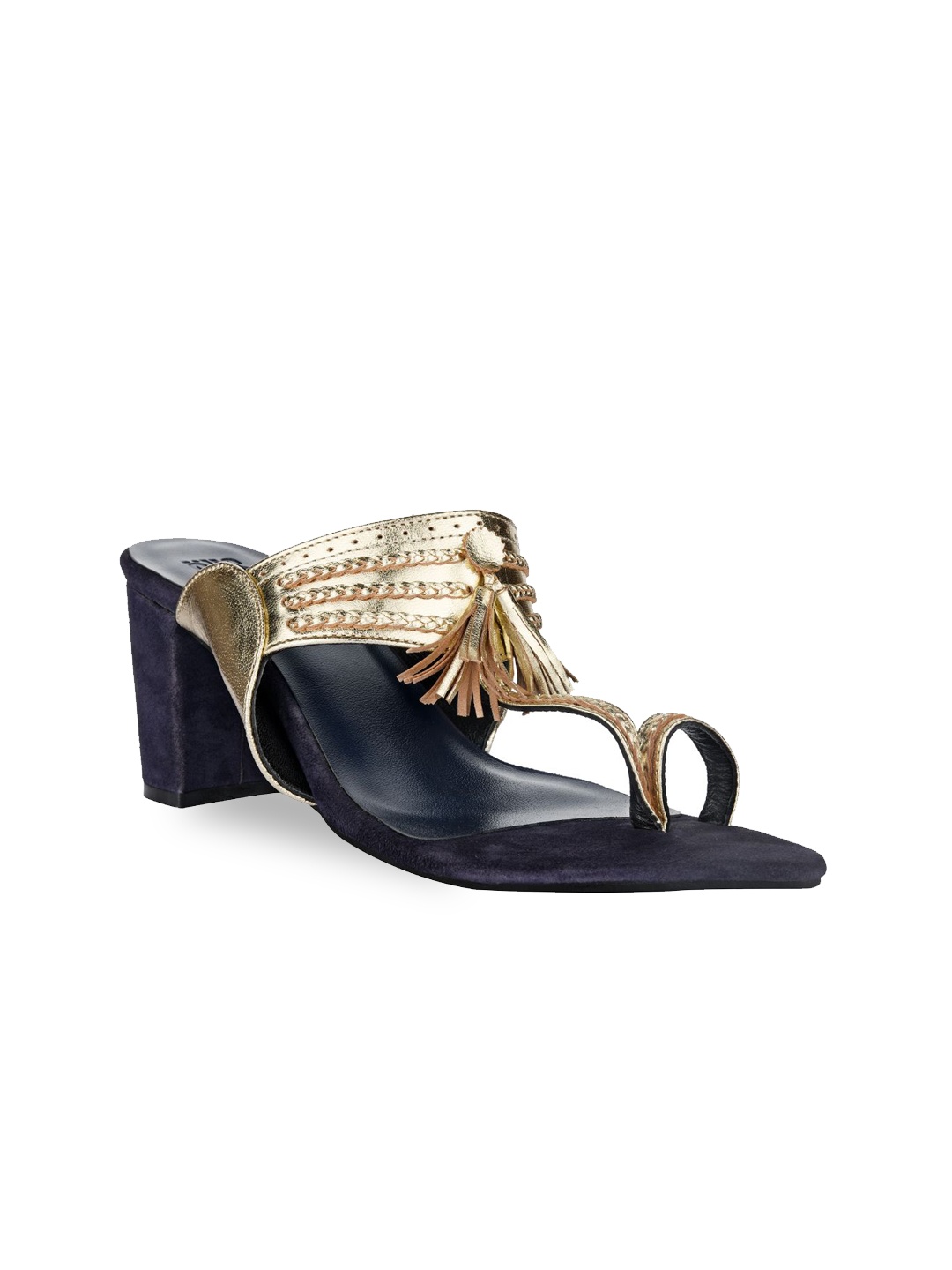 

SKO Gold-Toned & Black Embellished Leather Ethnic Block Sandals