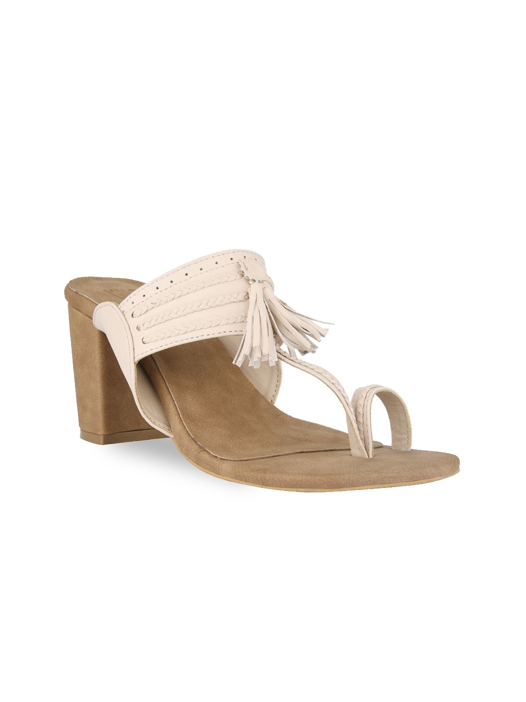 

SKO Women Tan & White Embellished Leather Block Sandals with Tassels