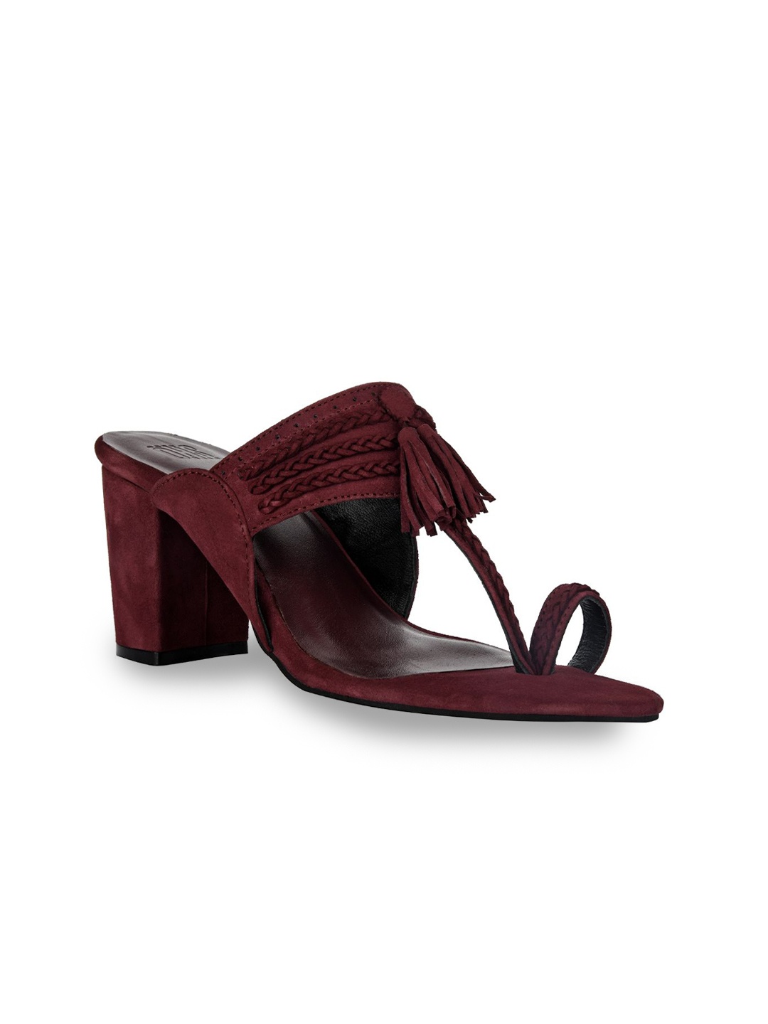 

SKO Maroon Leather Ethnic Block Sandals with Tassels
