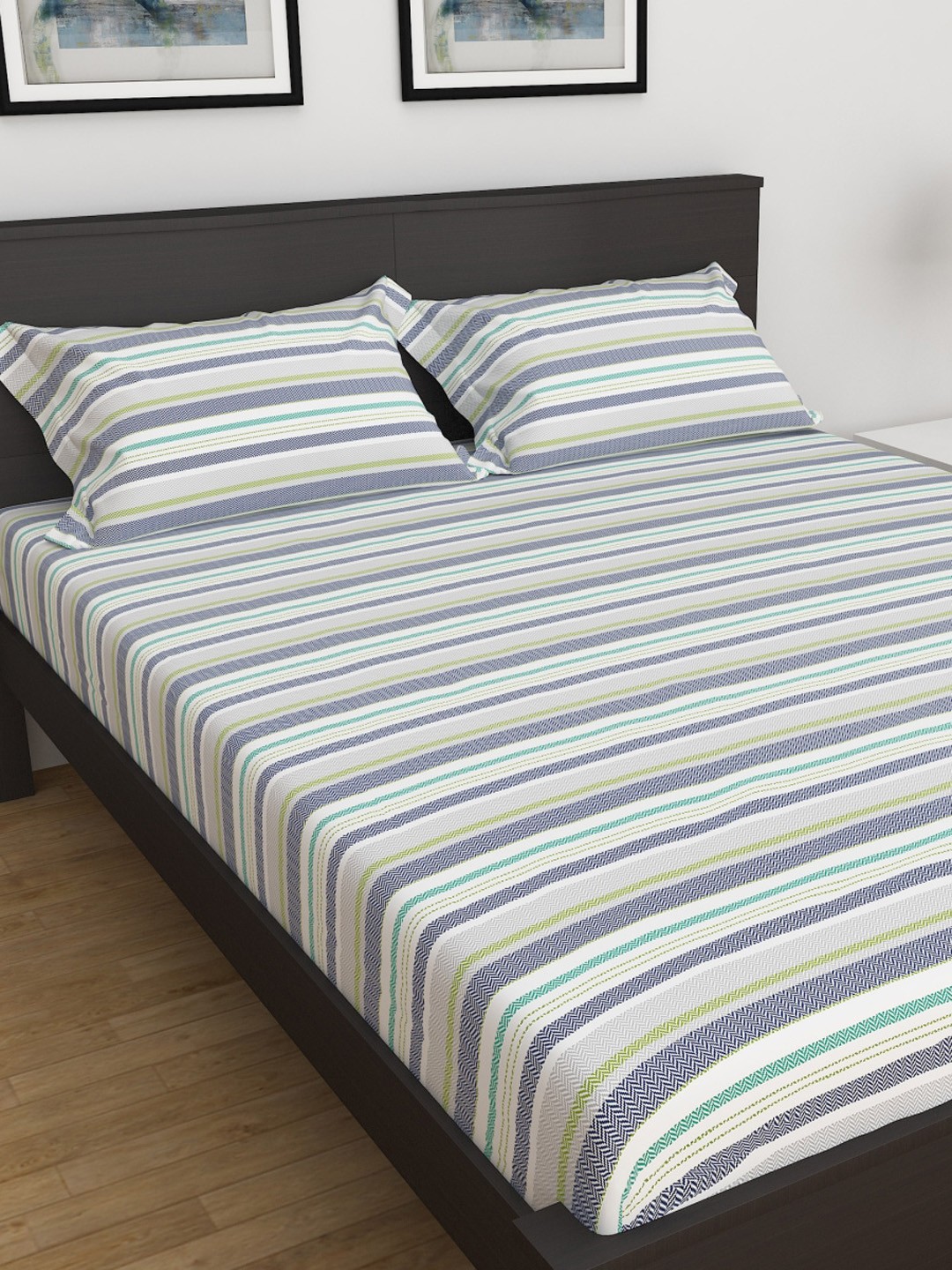 

Home Centre Bouquet Blue & White Striped 180 TC Cotton King Bedsheet with 2 Pillow Covers