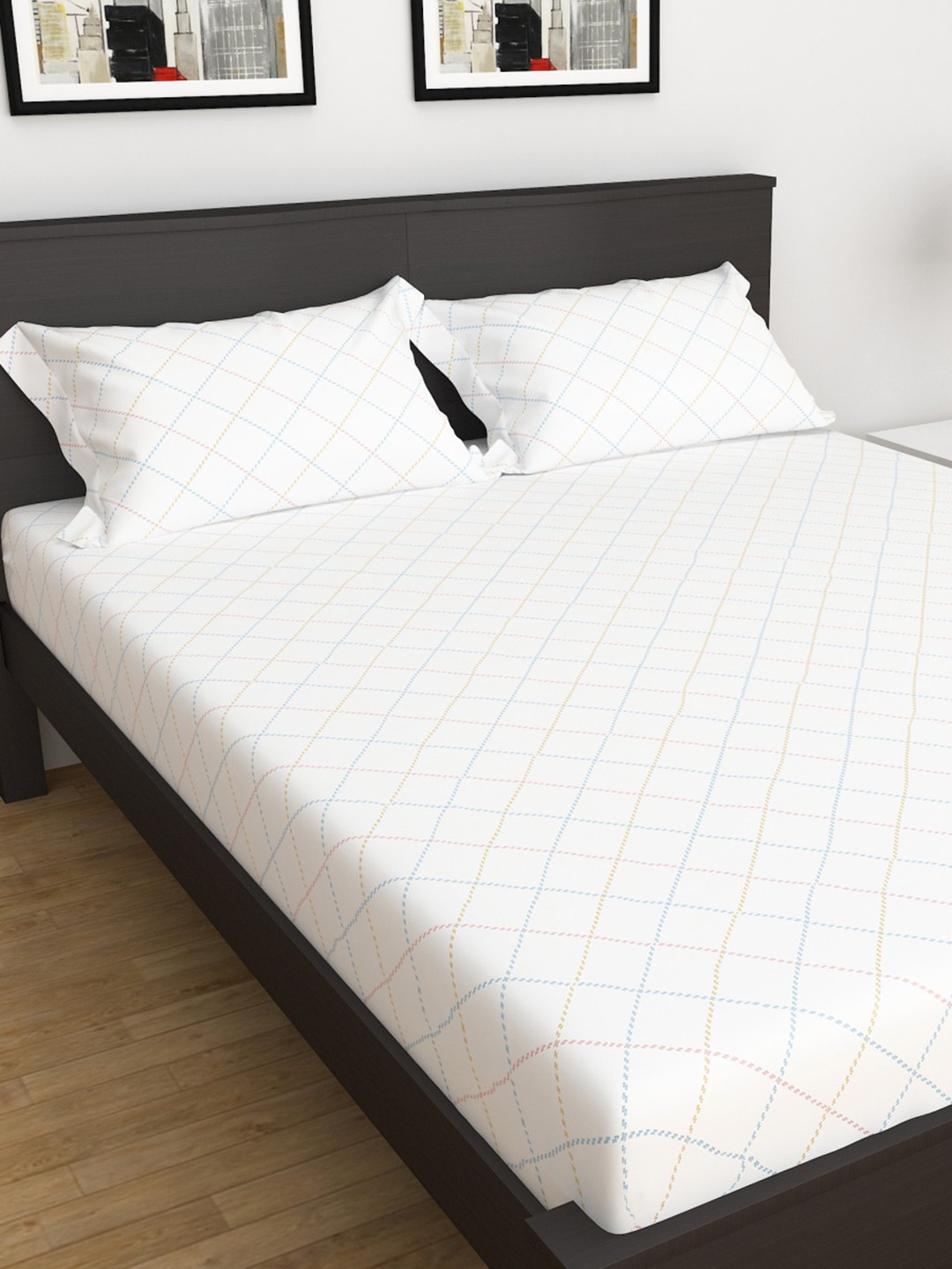 

Home Centre White Checked 140 TC King Bedsheet With 2 Pillow Covers