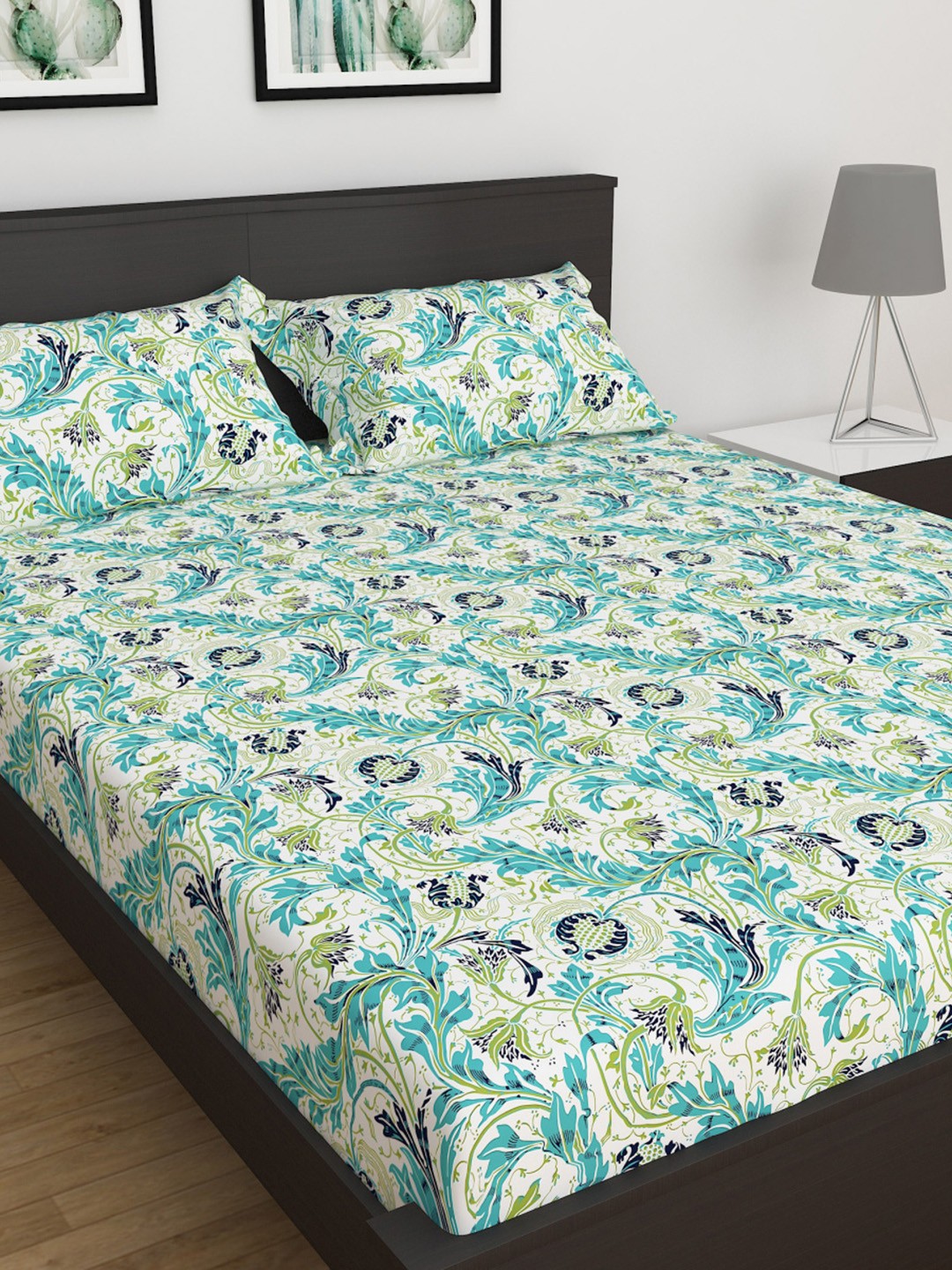 

Home Centre 140 TC Harold White Printed Cotton Queen Bedsheet With 2 Pillow Covers