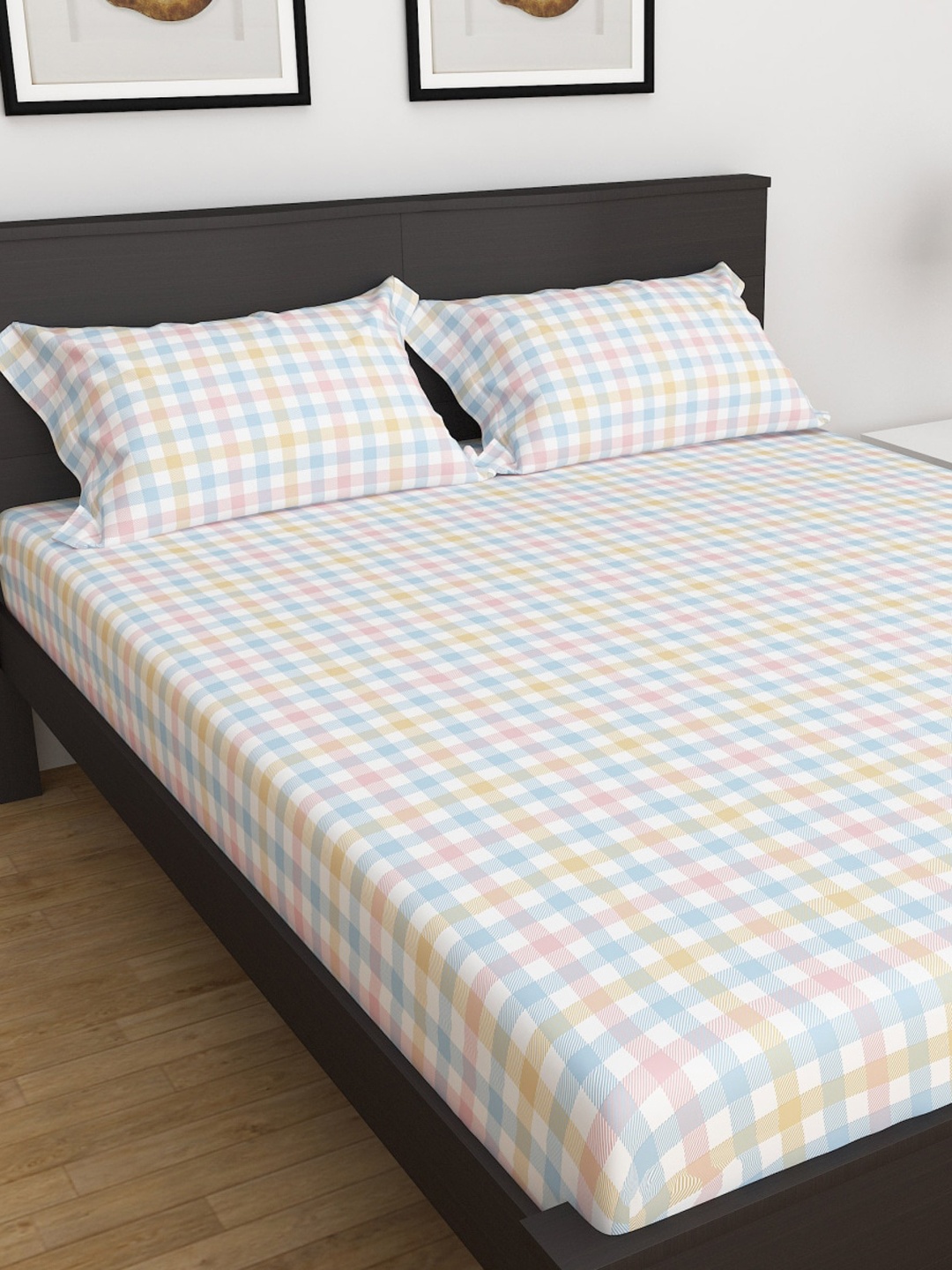 

Home Centre Multicolored Bouquet 3 Piece Checked Cotton King Bedsheet Set, Multi
