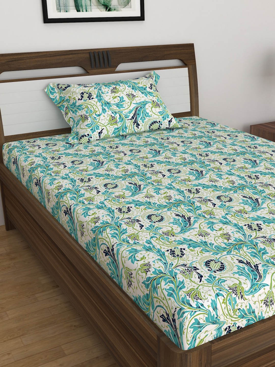 

Home Centre Green & Blue Printed 140 TC Single Bedsheet With Pillow Cover, White