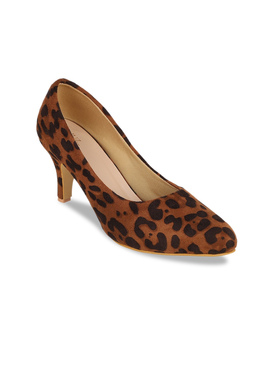 

SHUZ TOUCH Women Tan Animal Printed Velvet Kitten Pumps