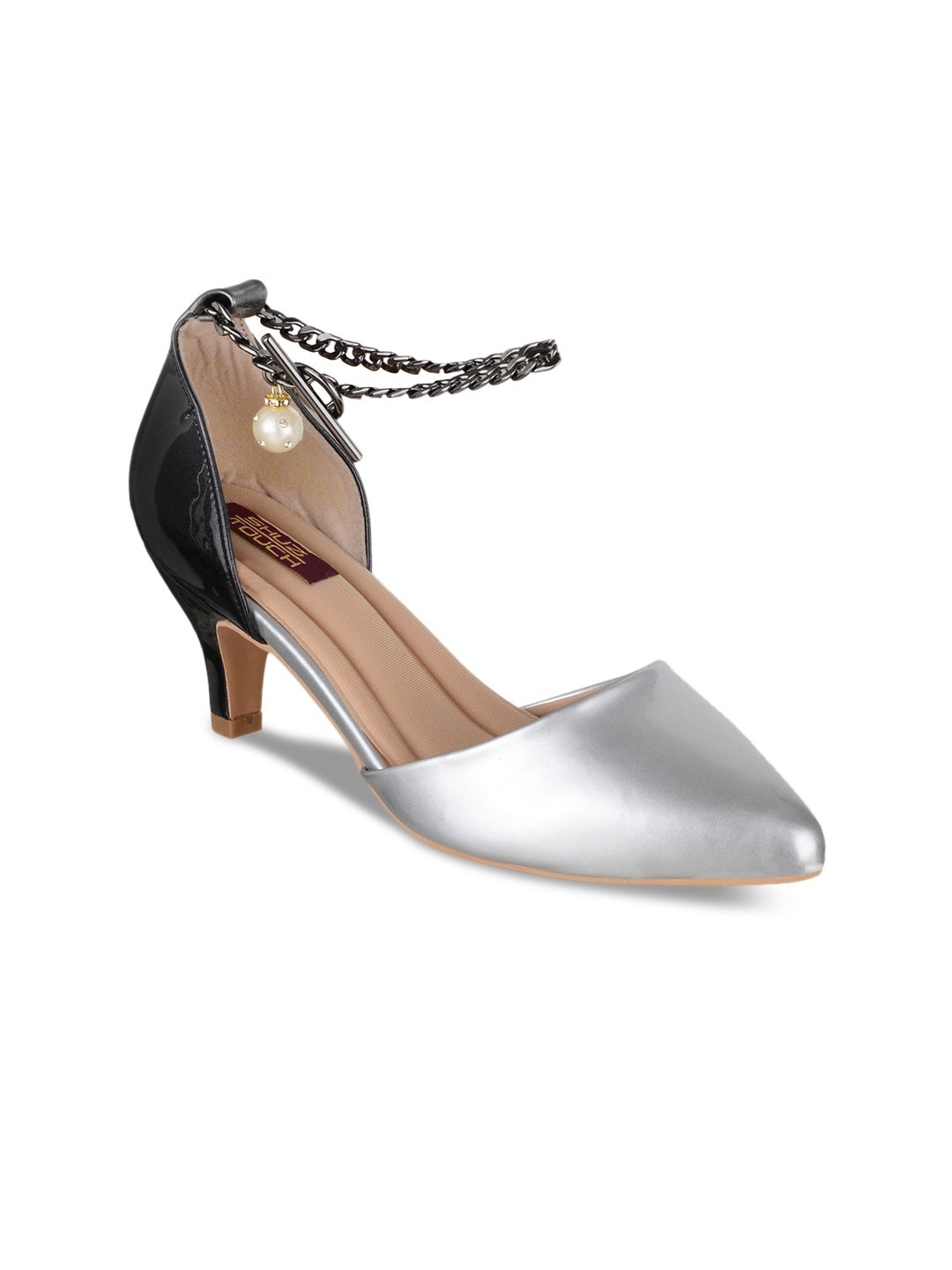 

SHUZ TOUCH Women Silver-Toned Colourblocked Kitten Pumps