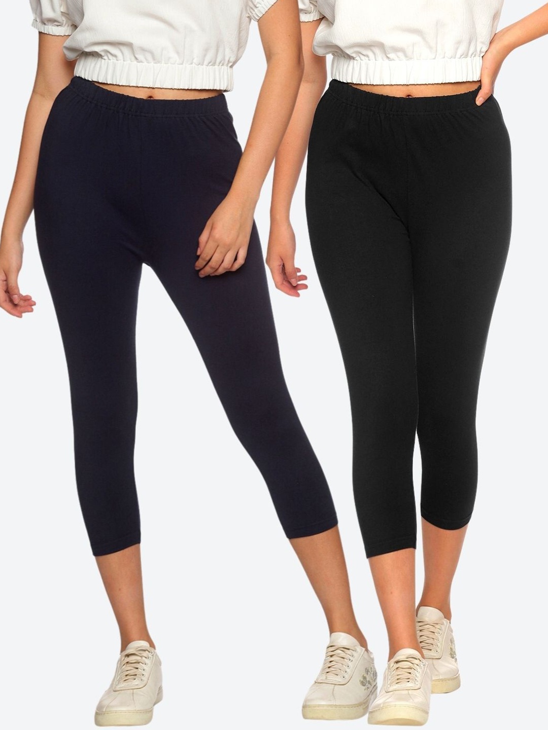 

NOT YET by us Women Black & Navy Blue Set Of 2 Solid Capris