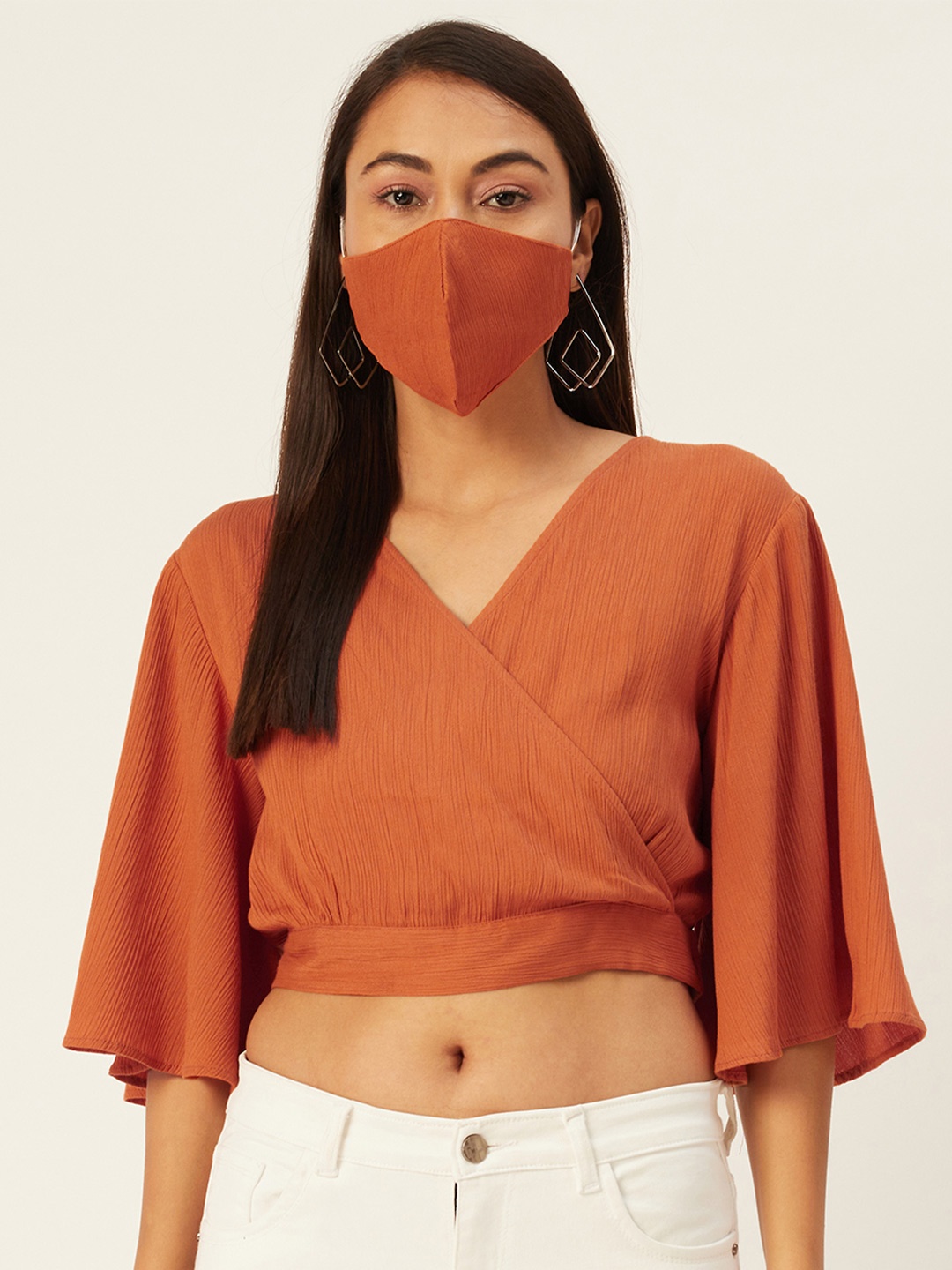 

DressBerry Women Brown Flared Sleeves Wrap Crop Top