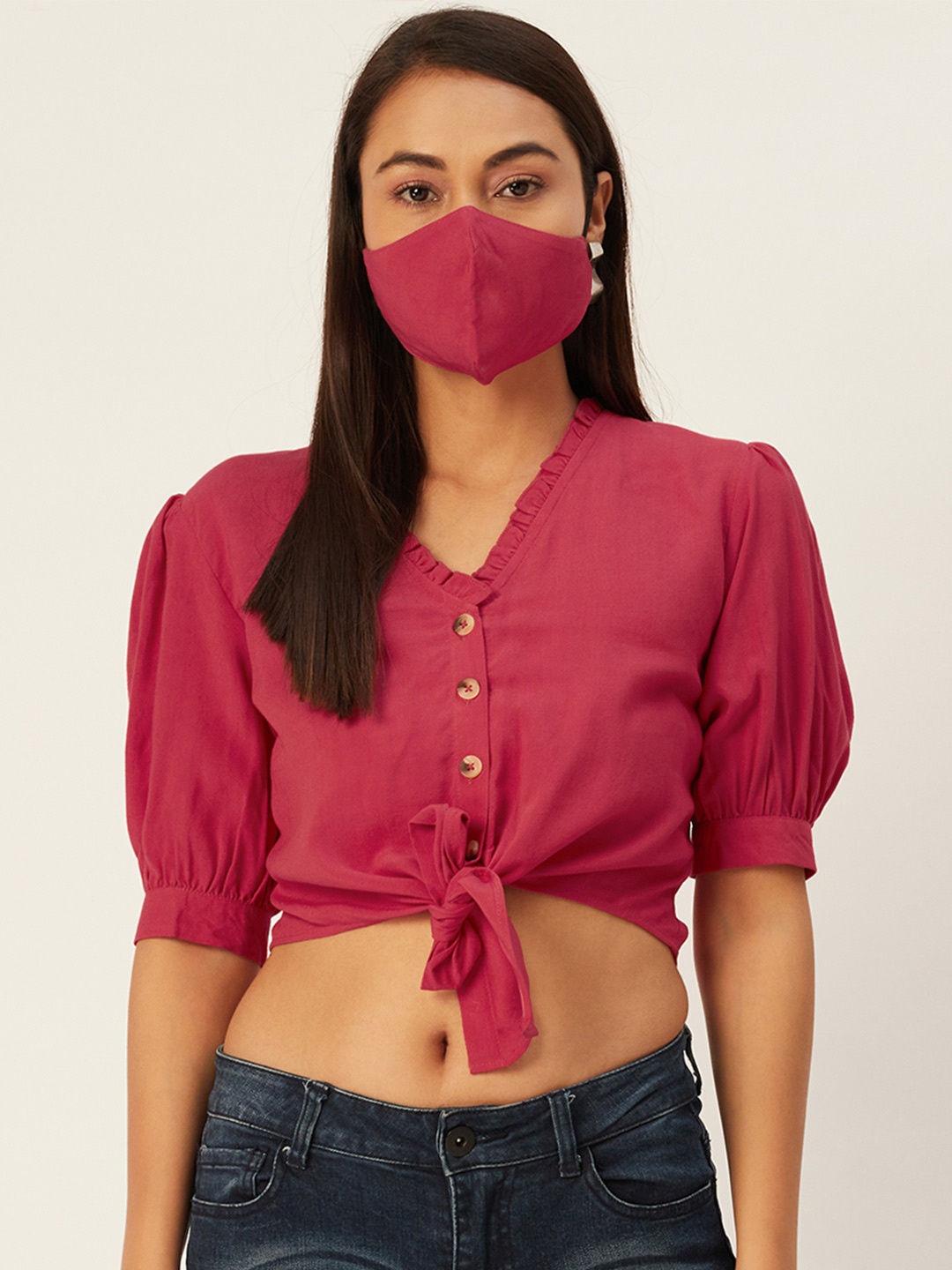 

DressBerry Women Red Shirt Style Crop Top