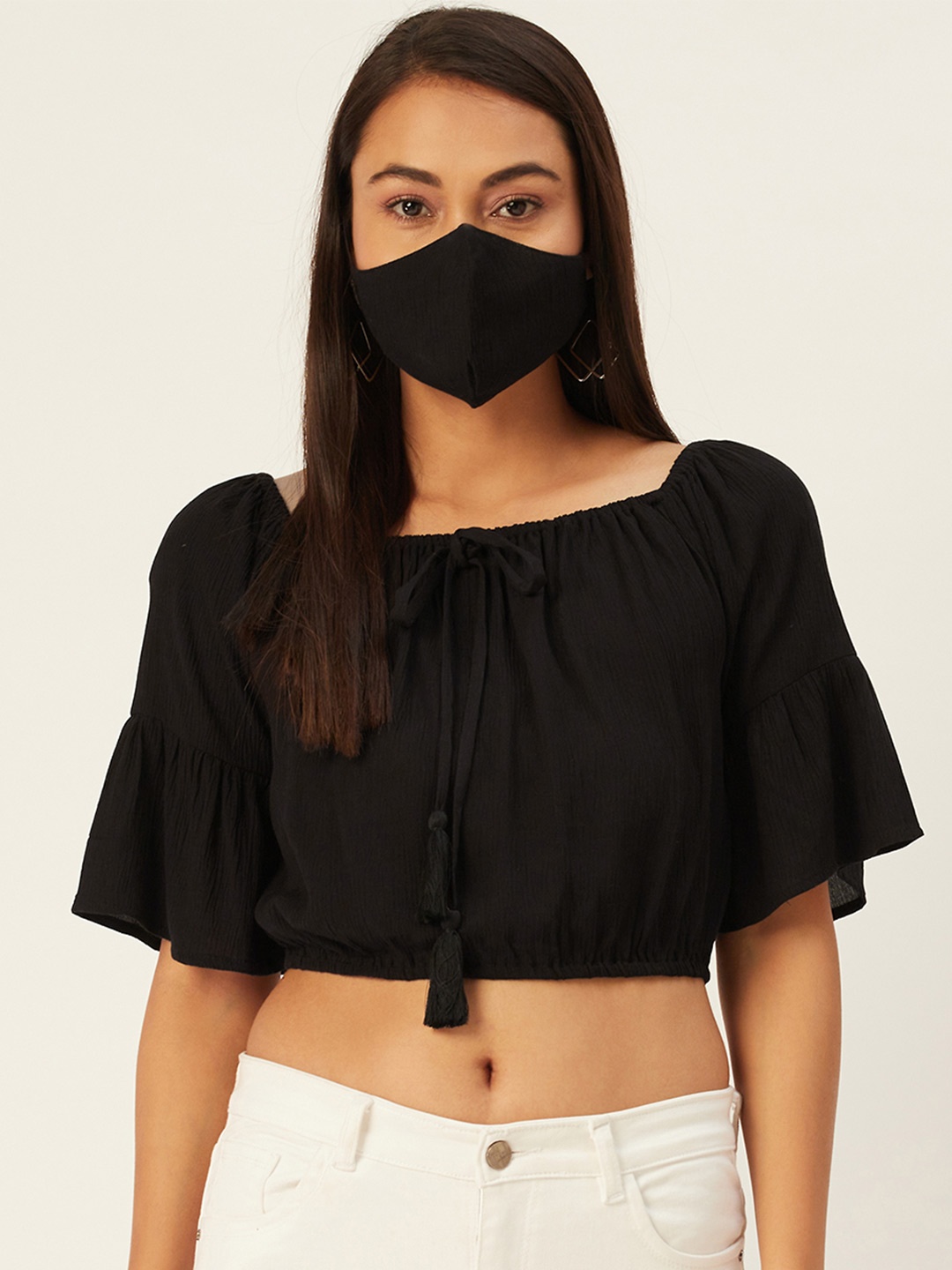 

DressBerry Women Black Solid Blouson Crop Top