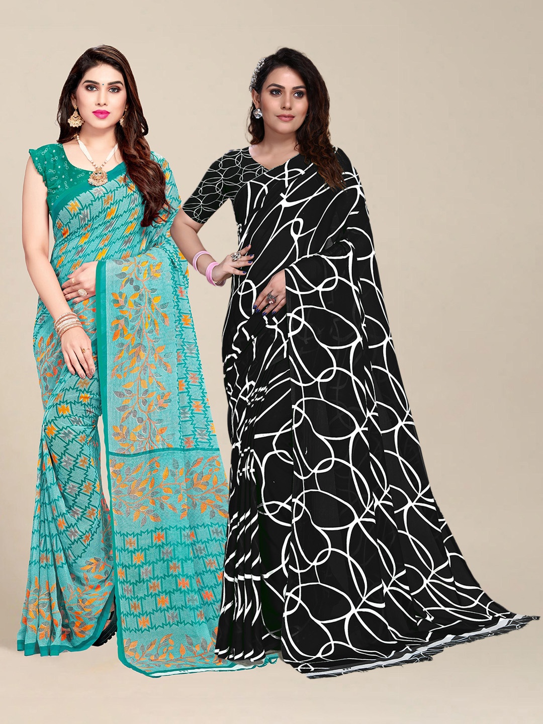 

MS RETAIL Set Of 2 Green & Black Pure Georgette Sarees