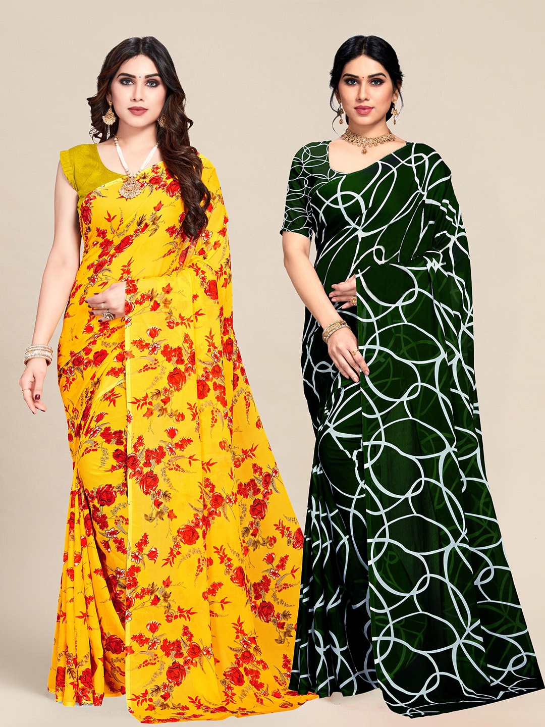 

MS RETAIL Pack of 2 Yellow & Green Pure Georgette Saree