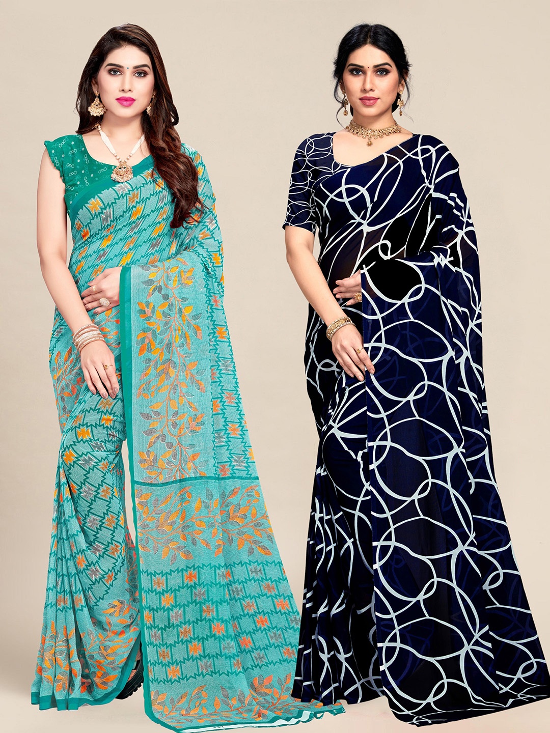 

MS RETAIL Set Of 2 Turquoise Blue & Navy Blue Pure Georgette Sarees