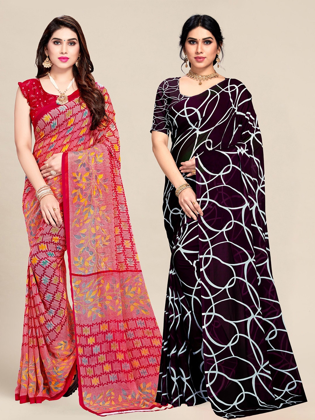 

MS RETAIL Set Of 2 Red & Purple Pure Georgette Sarees