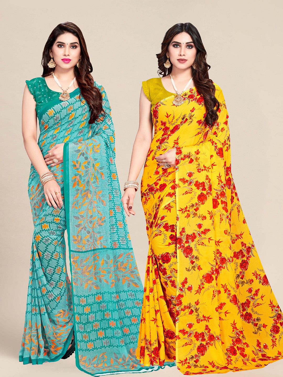 

MS RETAIL Set Of 2 Yellow & Green Floral Pure Georgette Saree