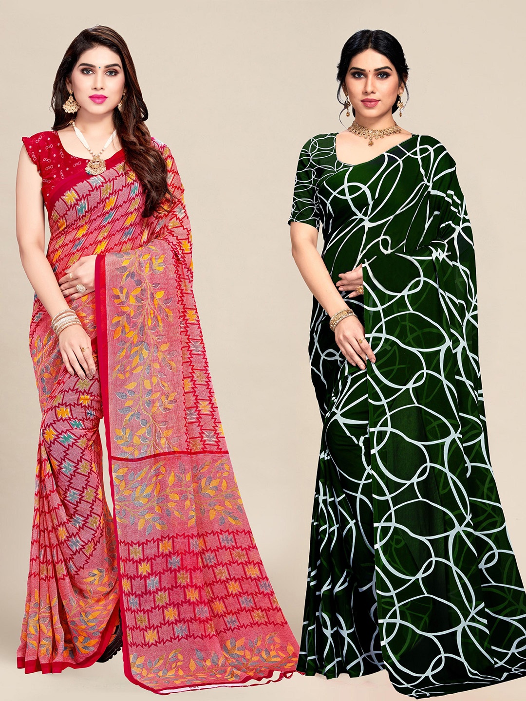 

MS RETAIL Pack of 2 Red & Green Pure Georgette Saree