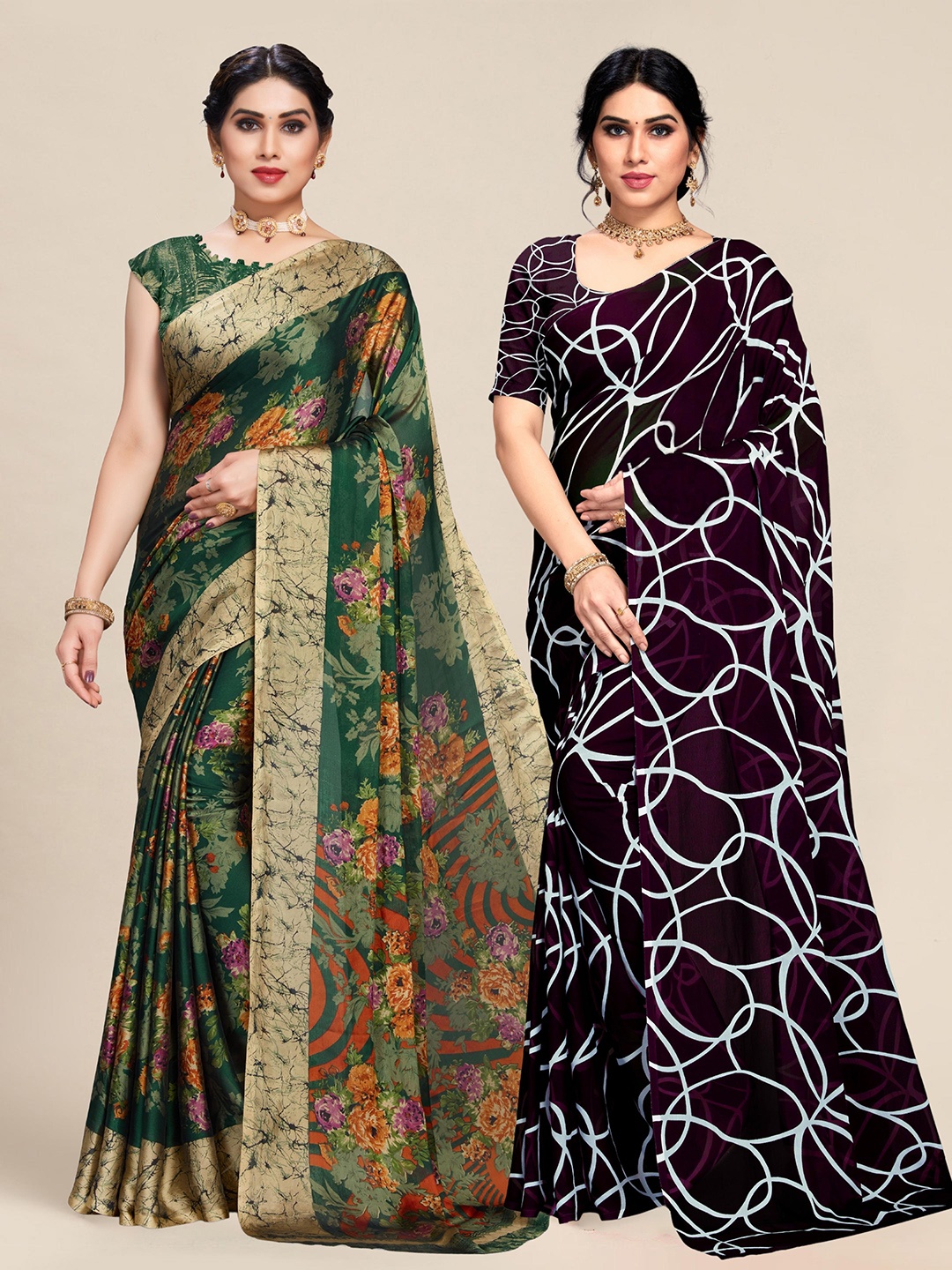 

MS RETAIL Pack of 2 Green & White Floral Printed Saree