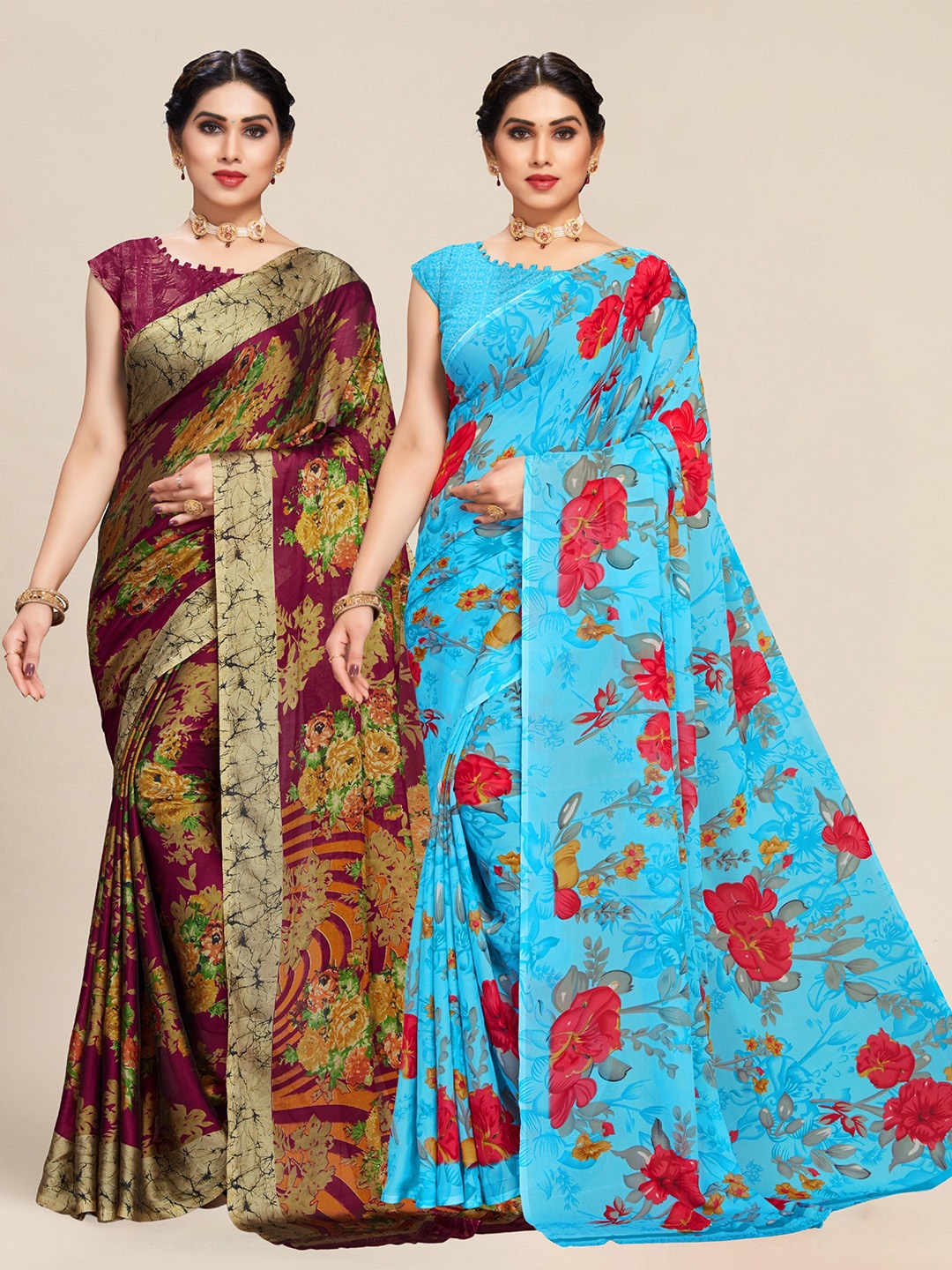 

MS RETAIL Set Of 2 Purple & Blue Floral Sarees